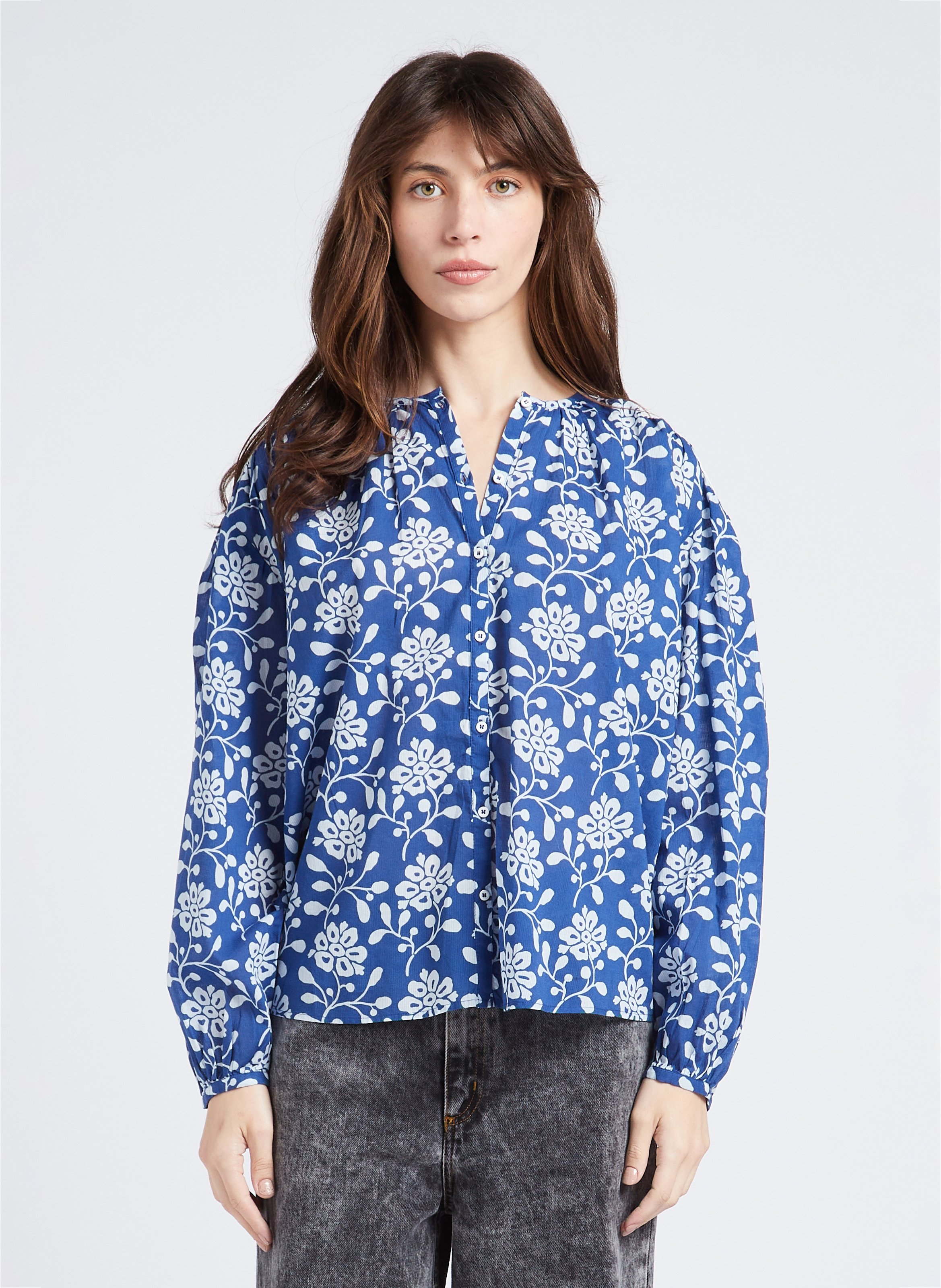 Straight-cut printed cotton shirt with round neck SWILDENS Blue
