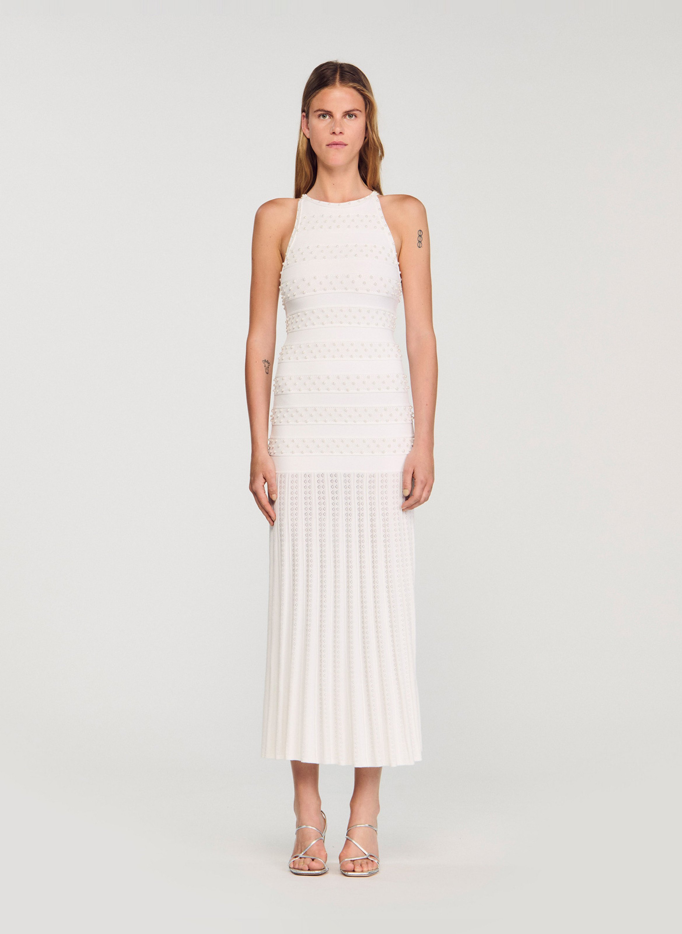 Lange uitlopende jurk met ronde hals SANDRO Wit
