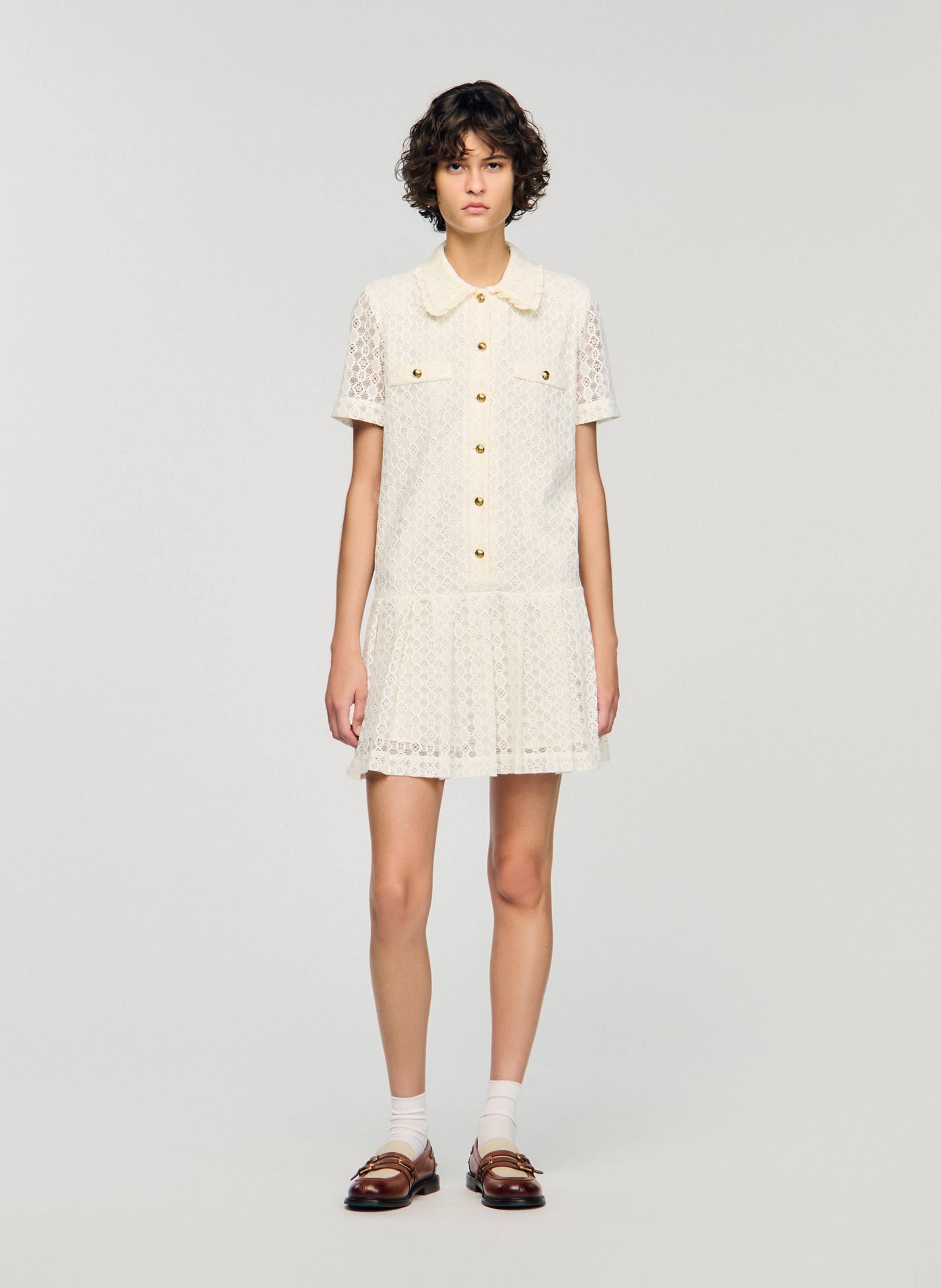 Korte jurk met kraag en kant SANDRO Wit