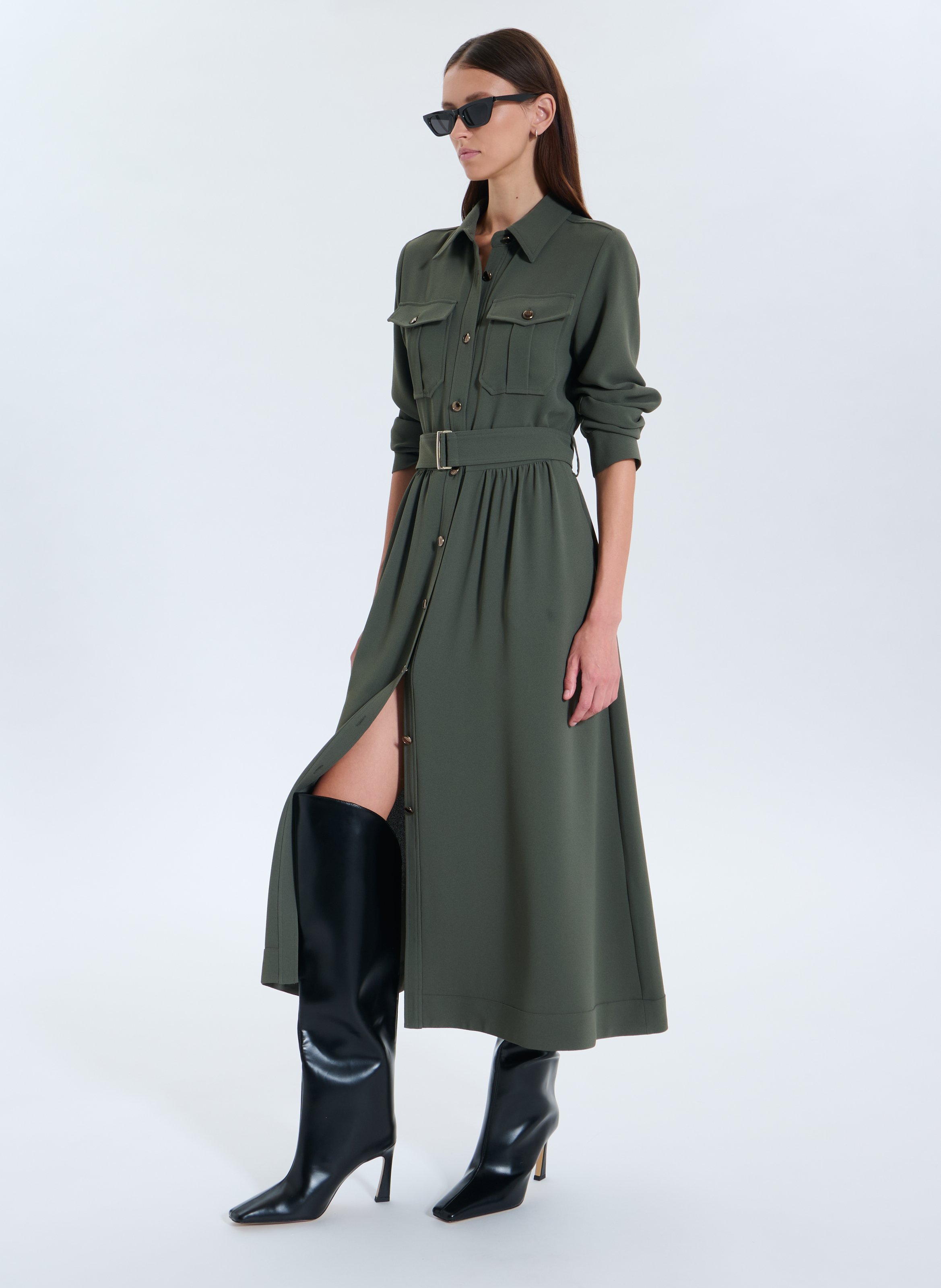 Lange jurk met klassieke kraag ZAPA Kaki