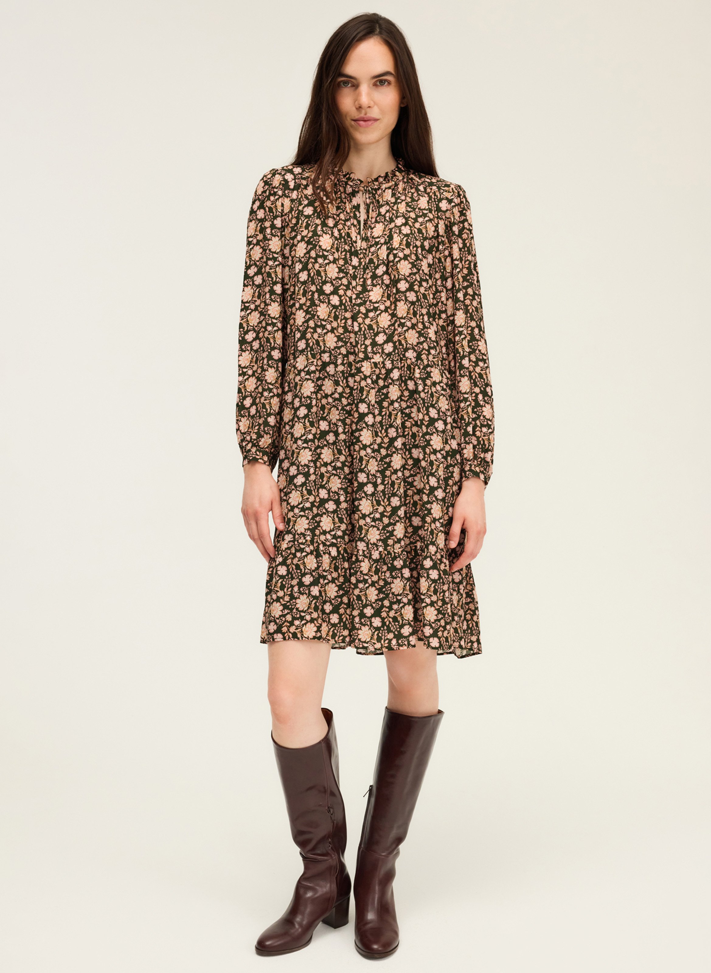 Halflange jurk met ronde hals en print PABLO Kaki