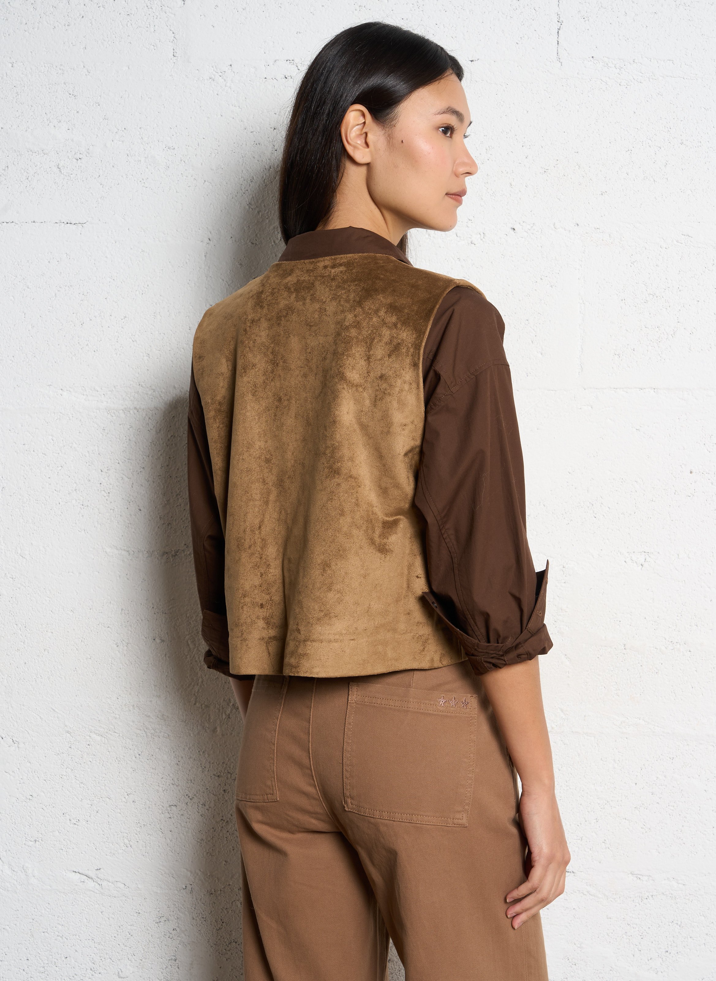 Gilet droit col rond effet cuir velours SUD EXPRESS Marron