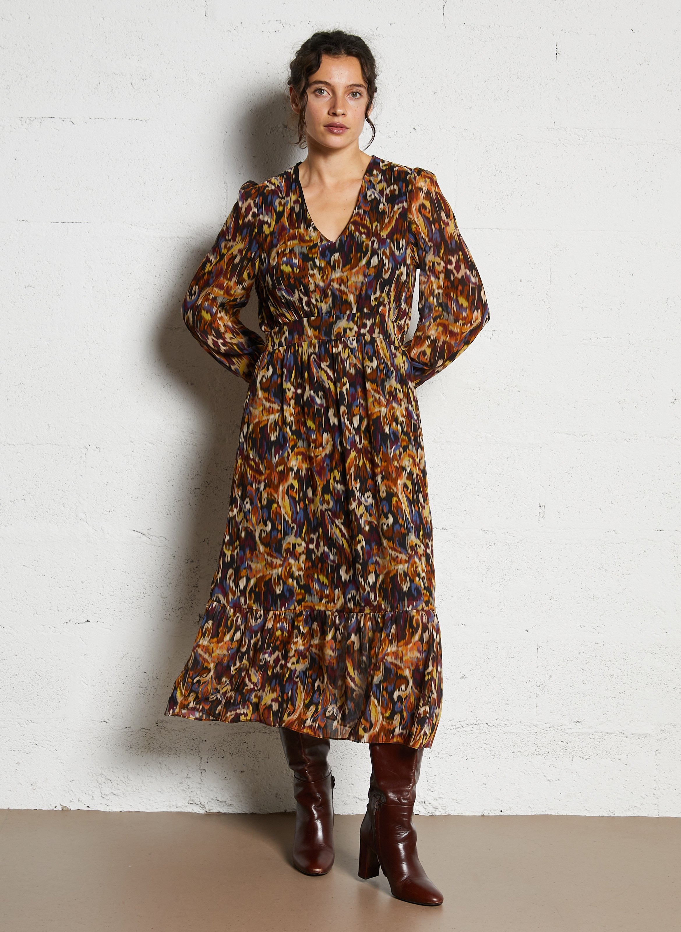 Robe midi imprimée col v SUD EXPRESS Jaune