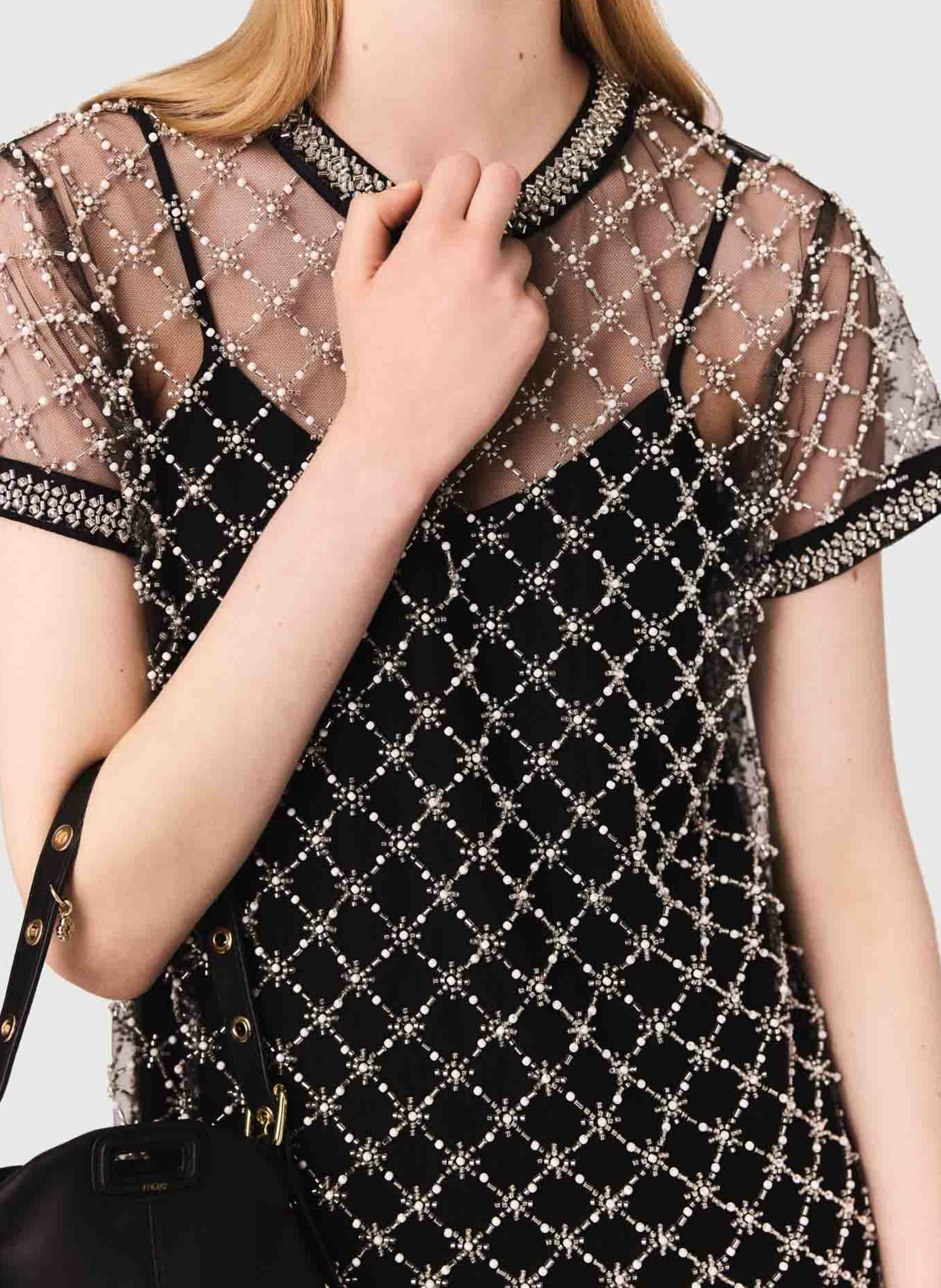 Short straight dress with beaded transparency MAJE Black
