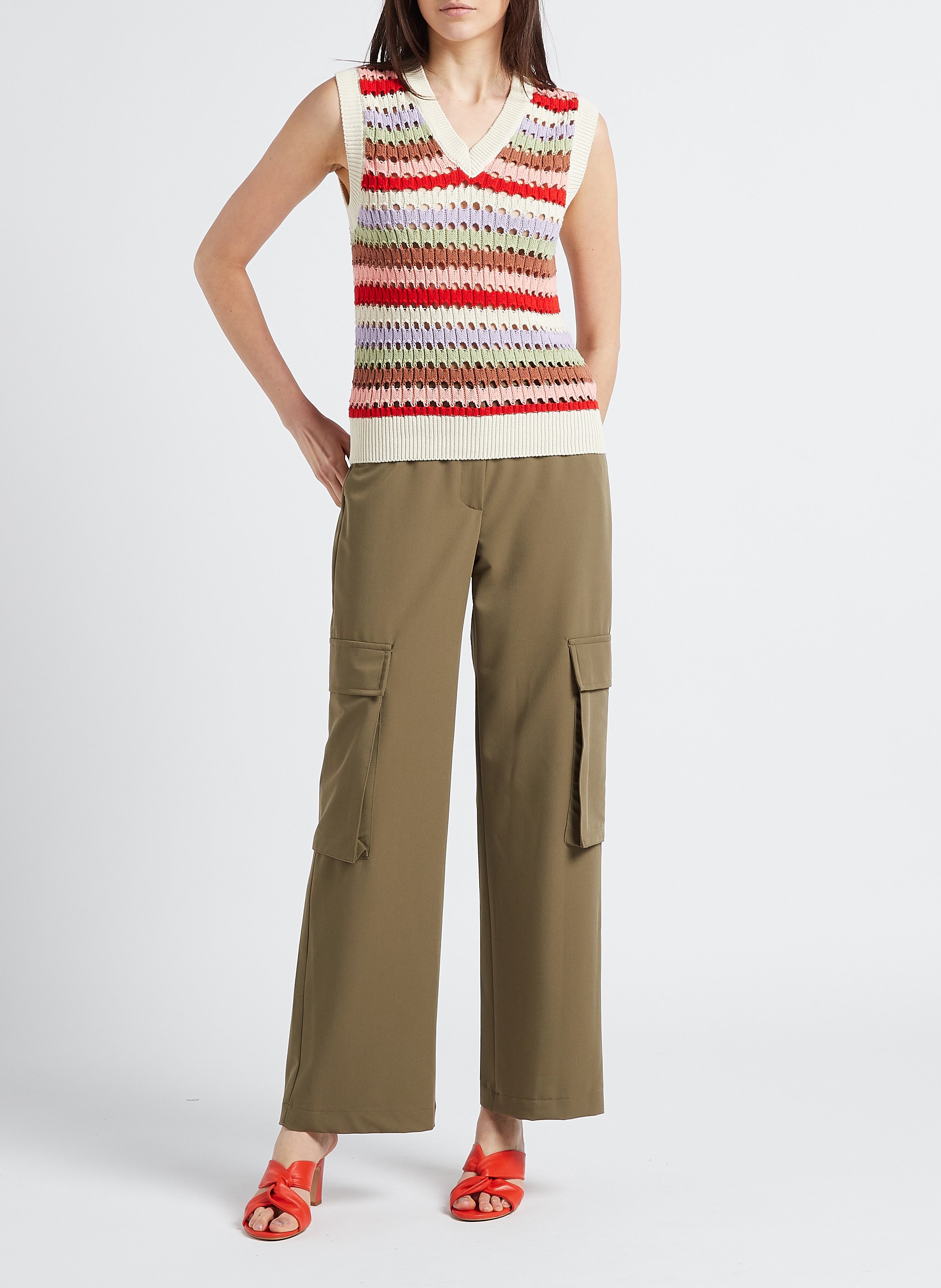 Pull col V rayé en coton LA PETITE FRANCAISE Beige