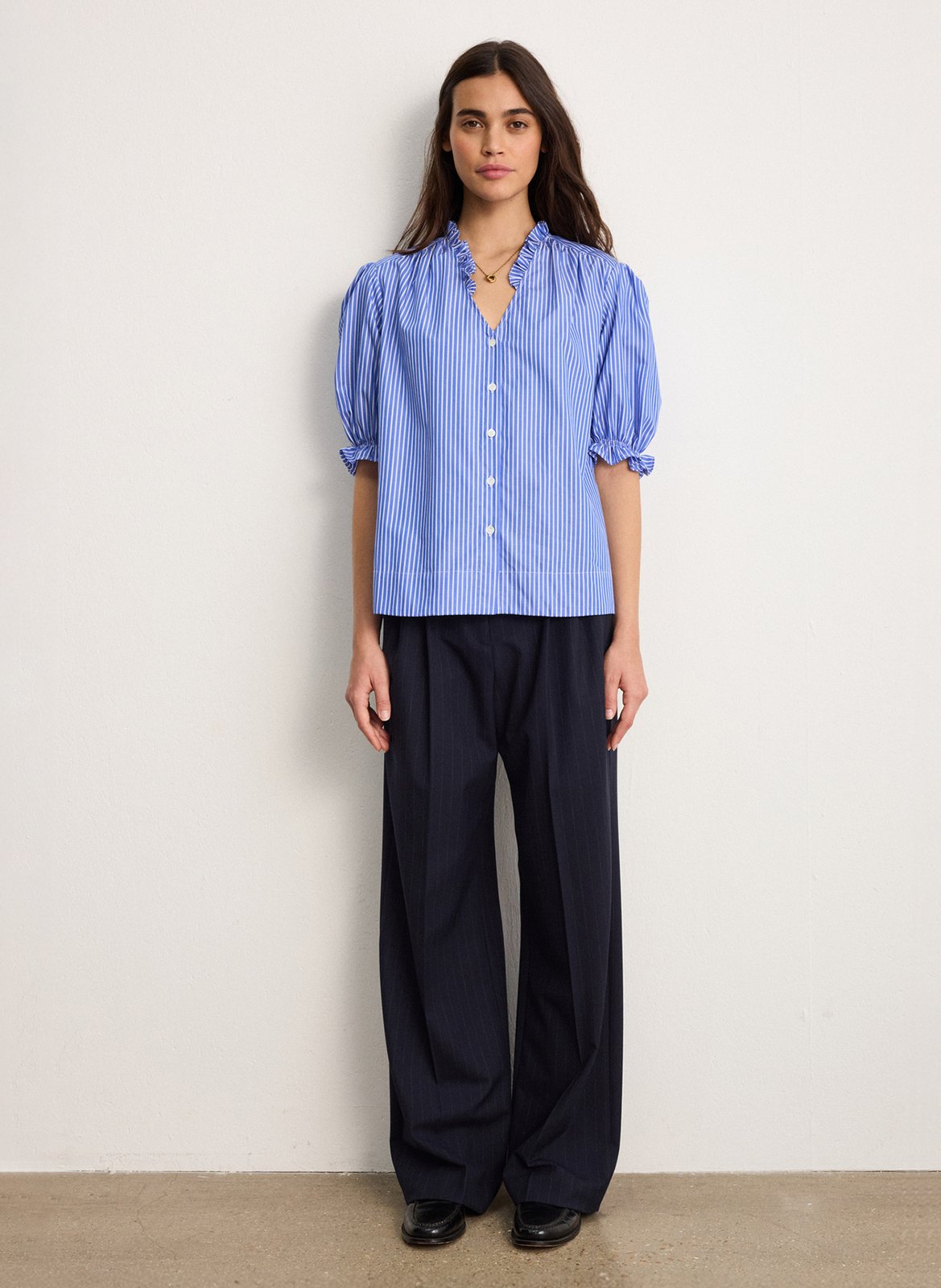 Blouse met V-hals in gestreept katoen PABLO Blauw