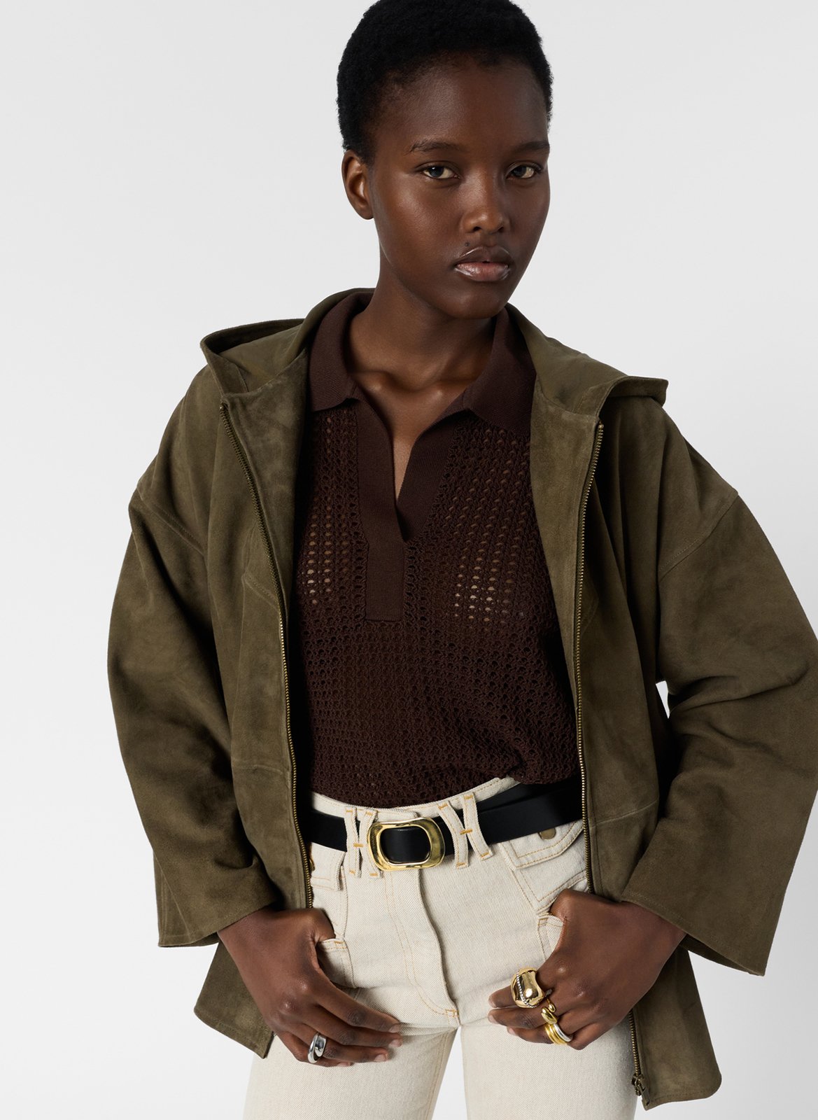 Veste droite col rond en cuir velours GERARD DAREL Kaki