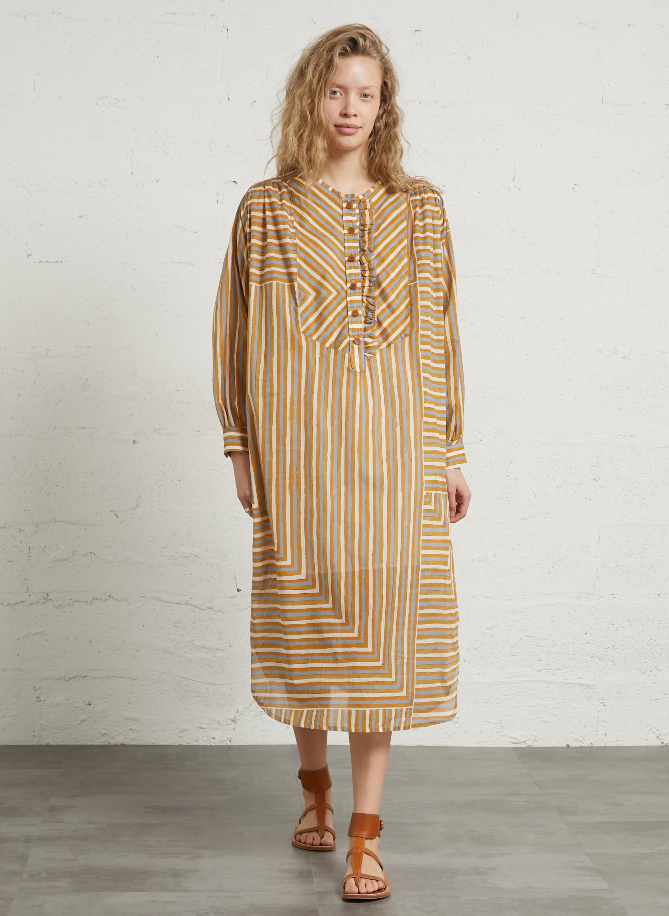 Oversized jurk met ronde hals en gestreept katoen HOD PARIS Bruin