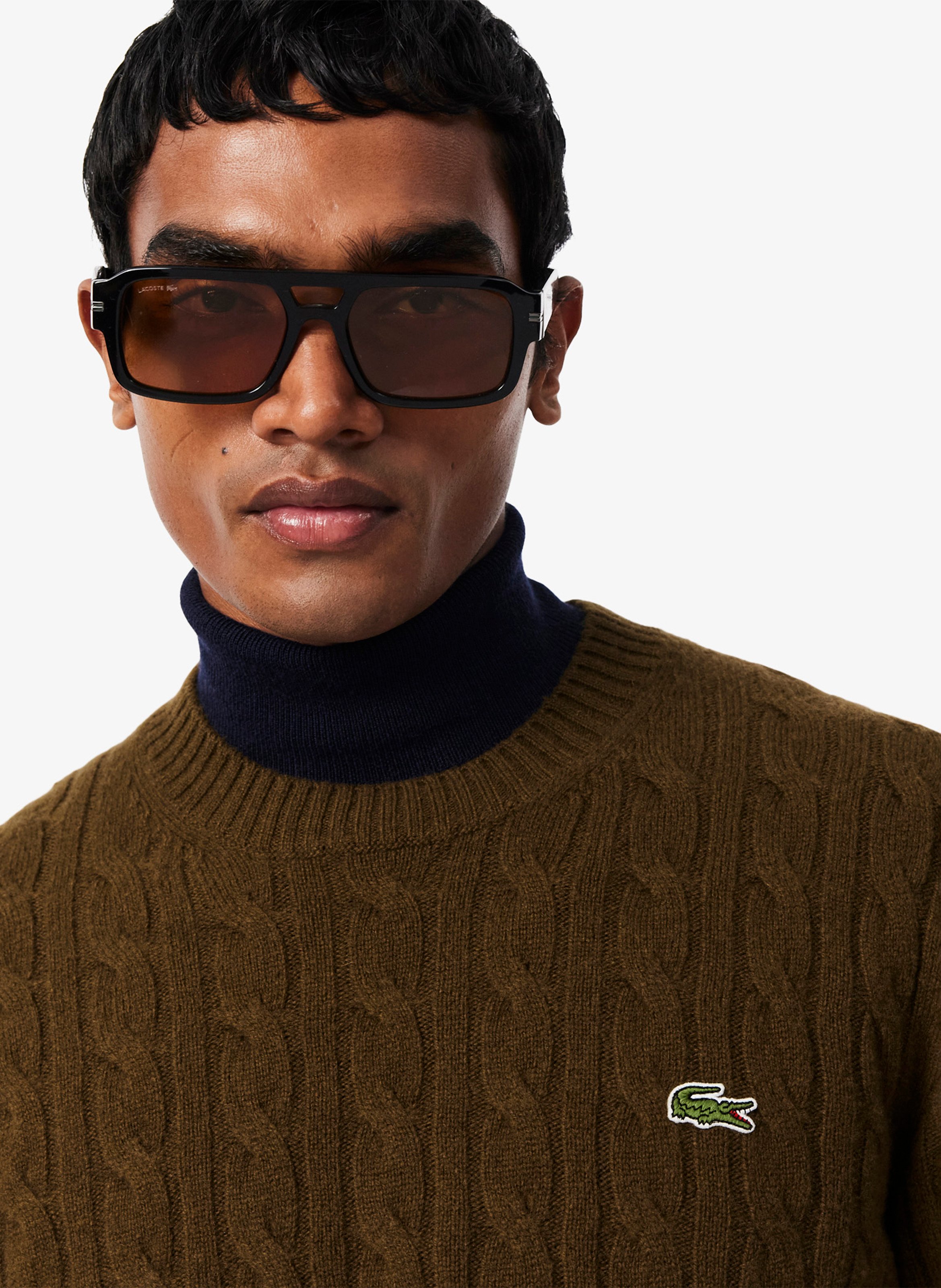 Straight wool cable-knit round-neck jumper LACOSTE Brown