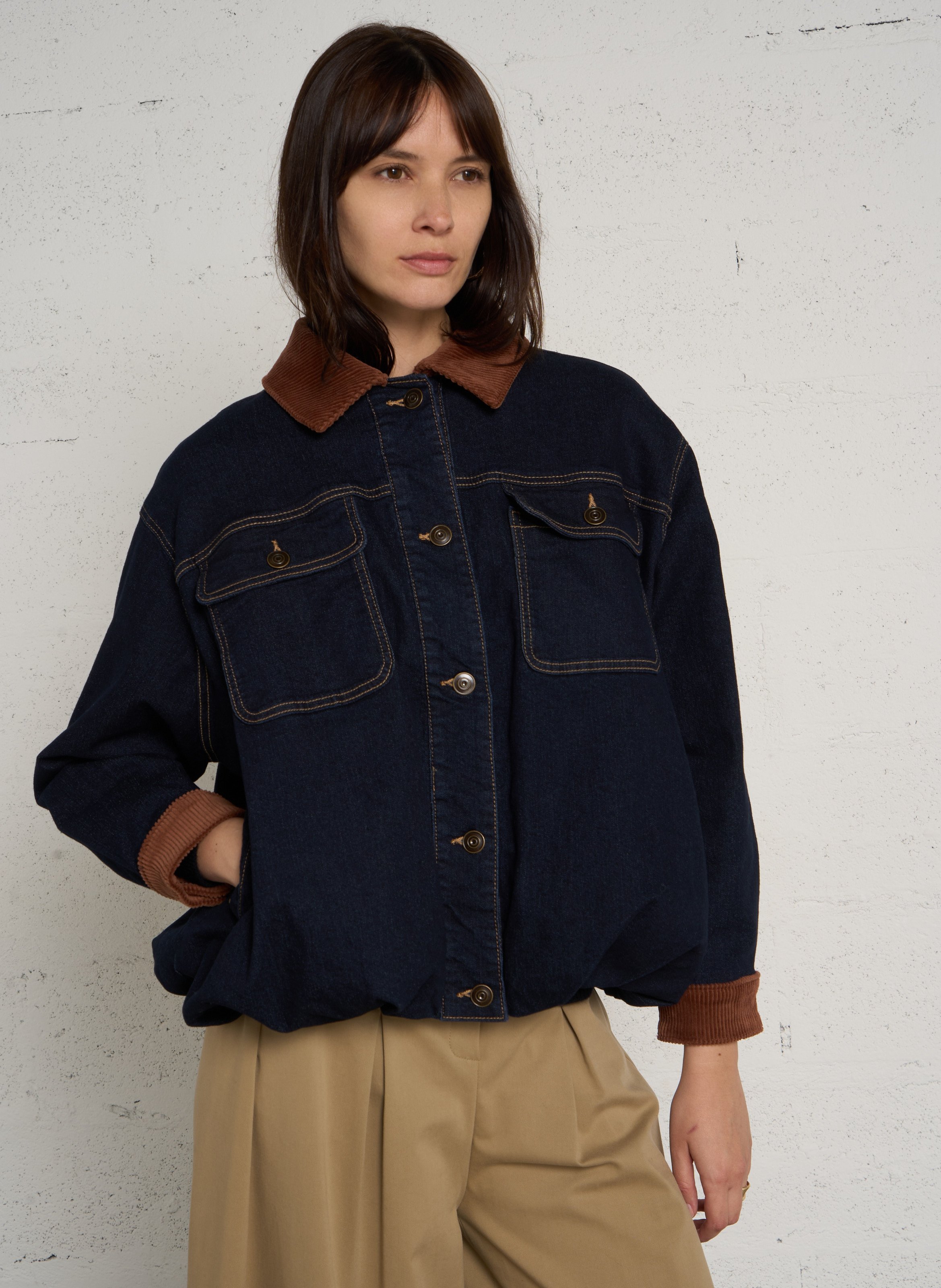 Wijde denim jas met geribbelde kraag van gemengd katoen MAISON 123 Blauw