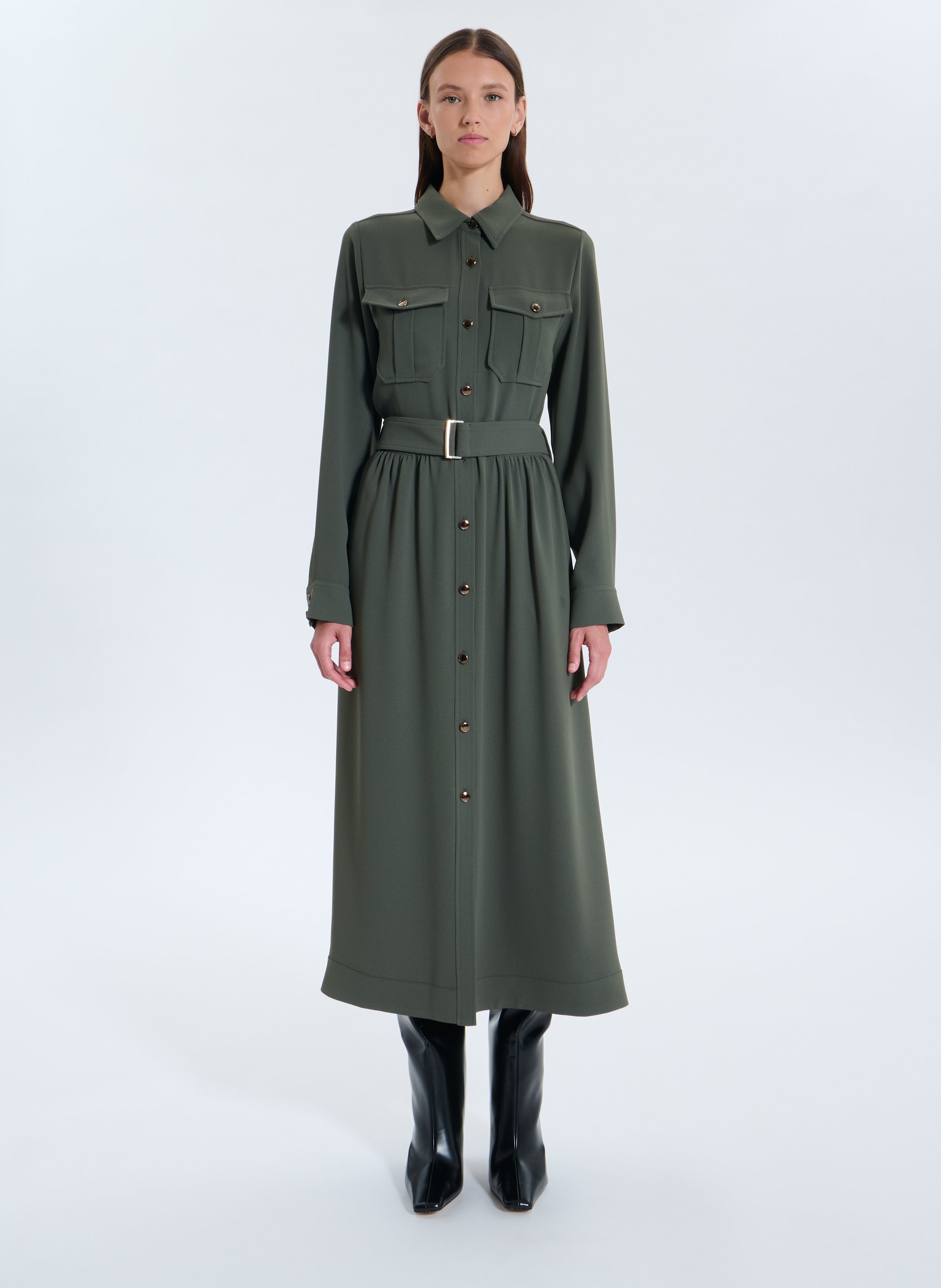 Lange jurk met klassieke kraag ZAPA Kaki