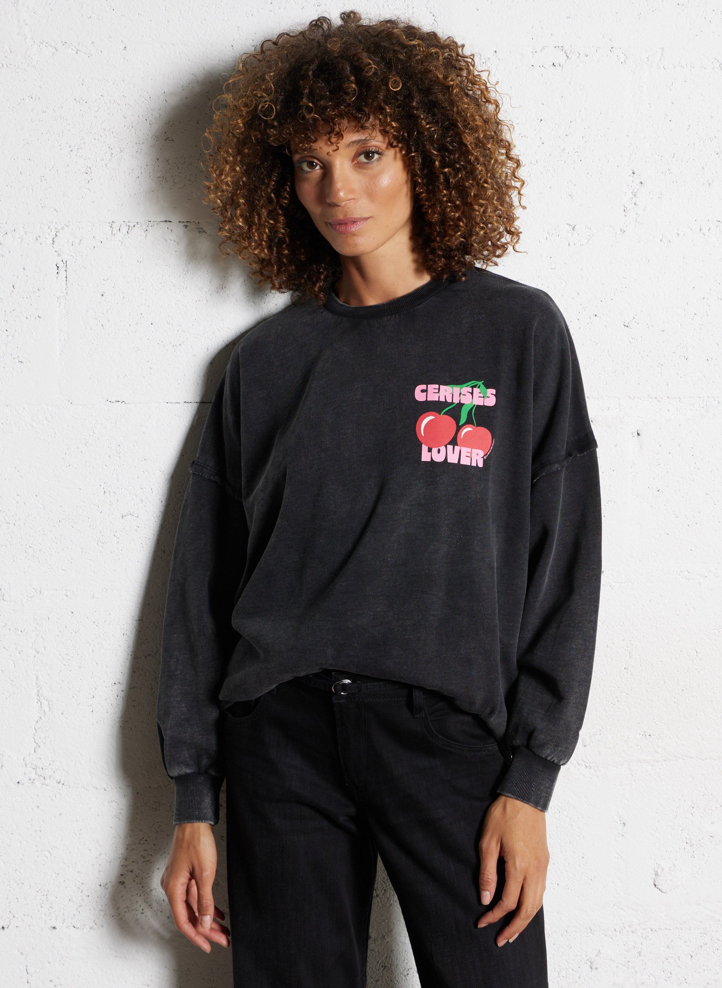Sweat col rond en coton mélangé LE TEMPS DES CERISES Noir