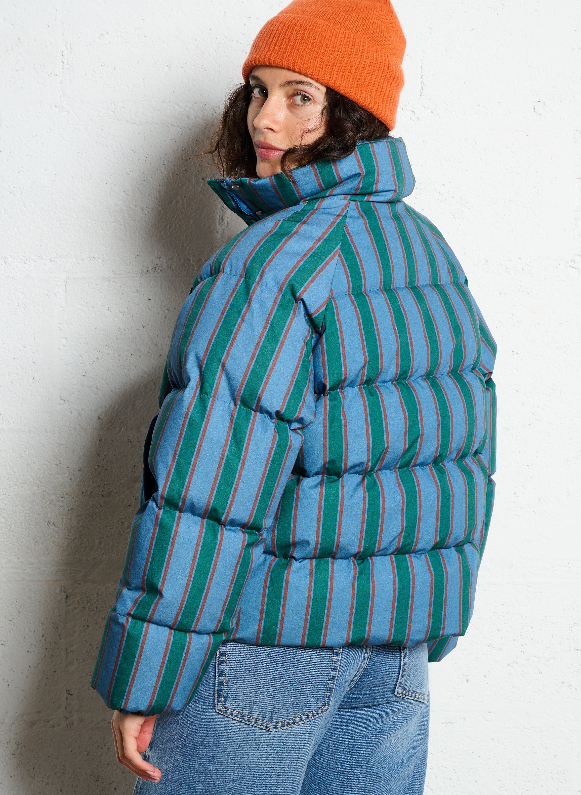 Doudoune oversize col montant en coton rayé THE TINY BIG SISTER Beige