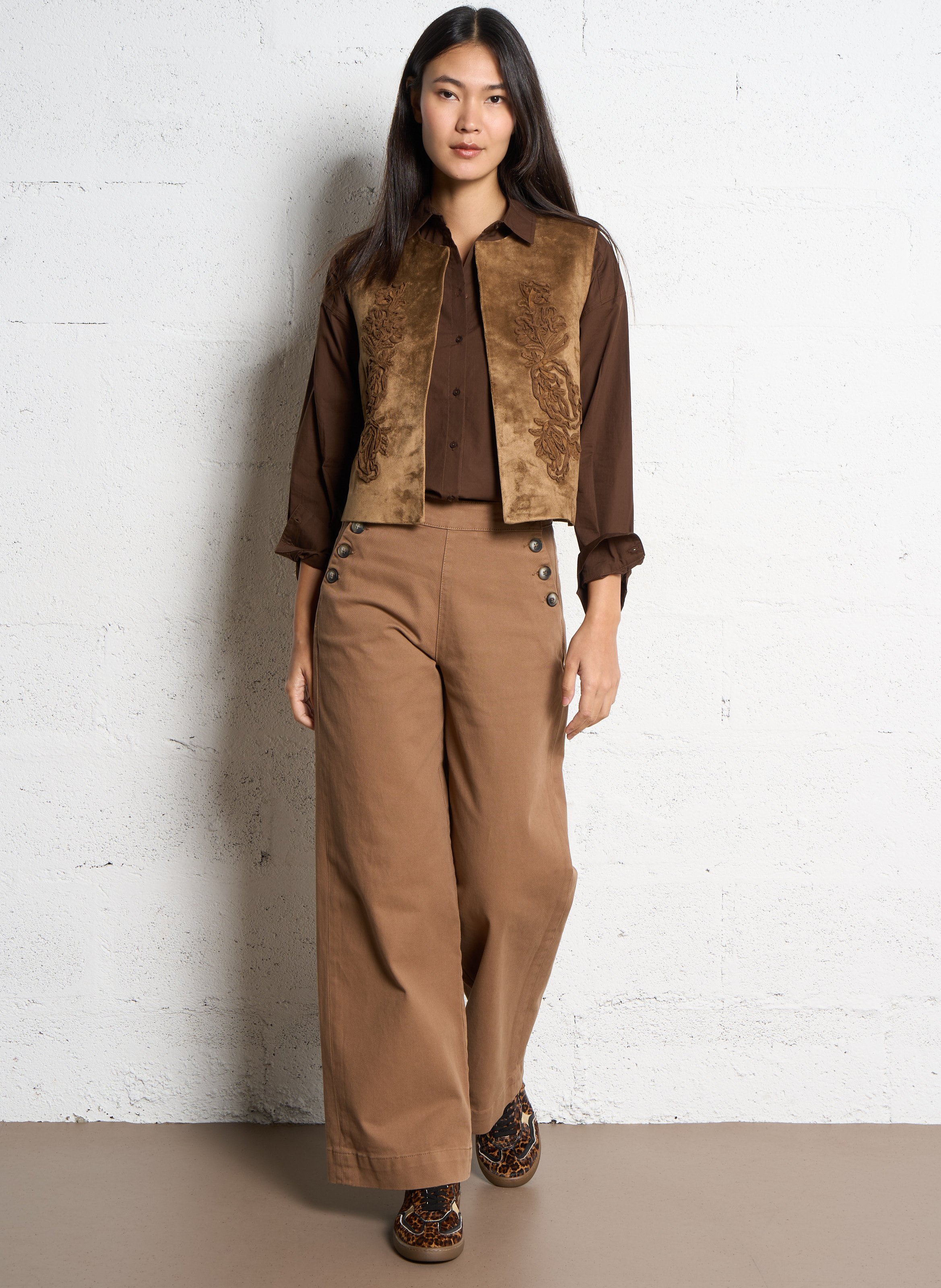 Gilet droit col rond effet cuir velours SUD EXPRESS Marron