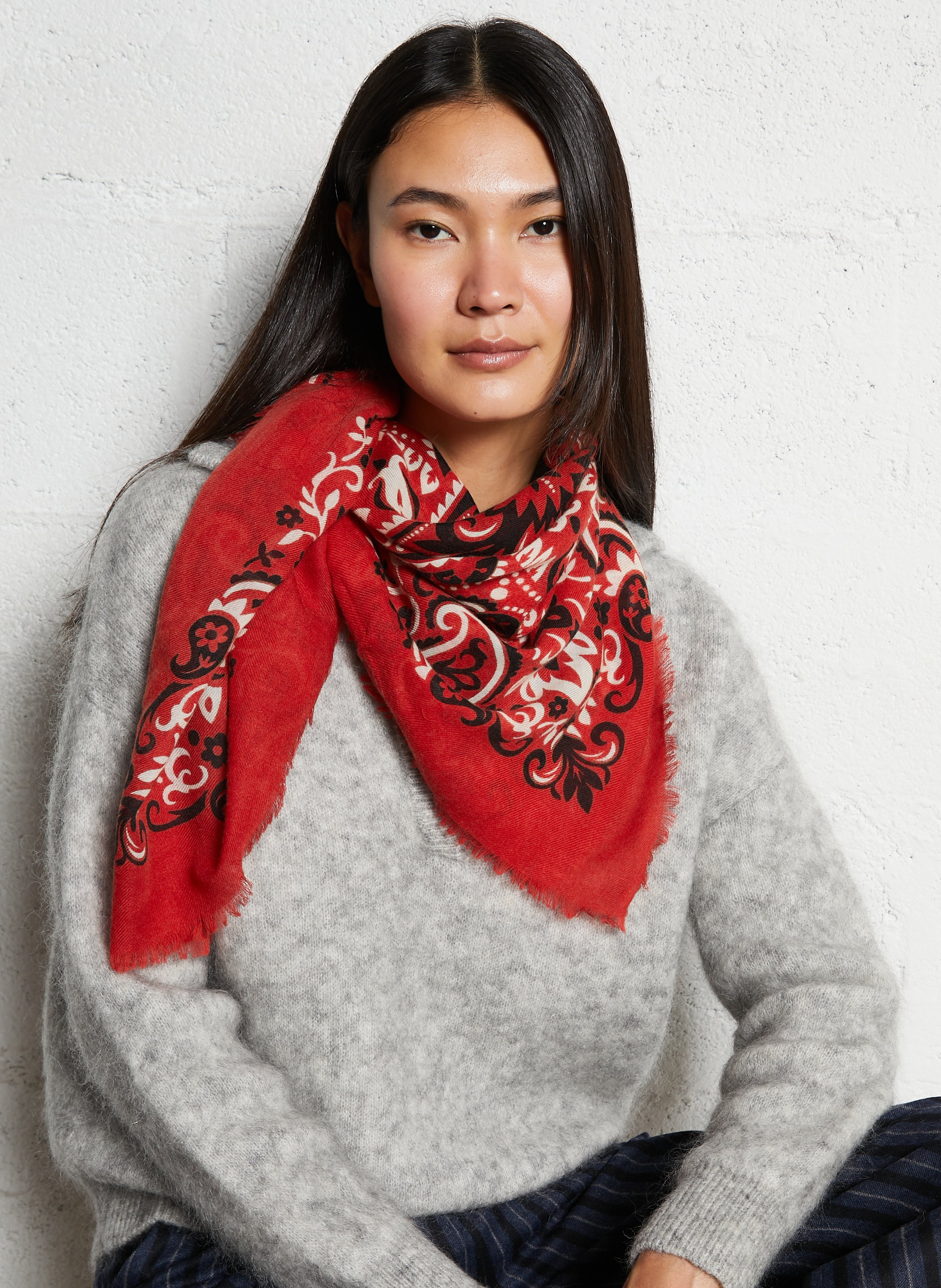 Foulard imprimé en laine et cachemire MAISON LECOMTE FLAMENT Rouge