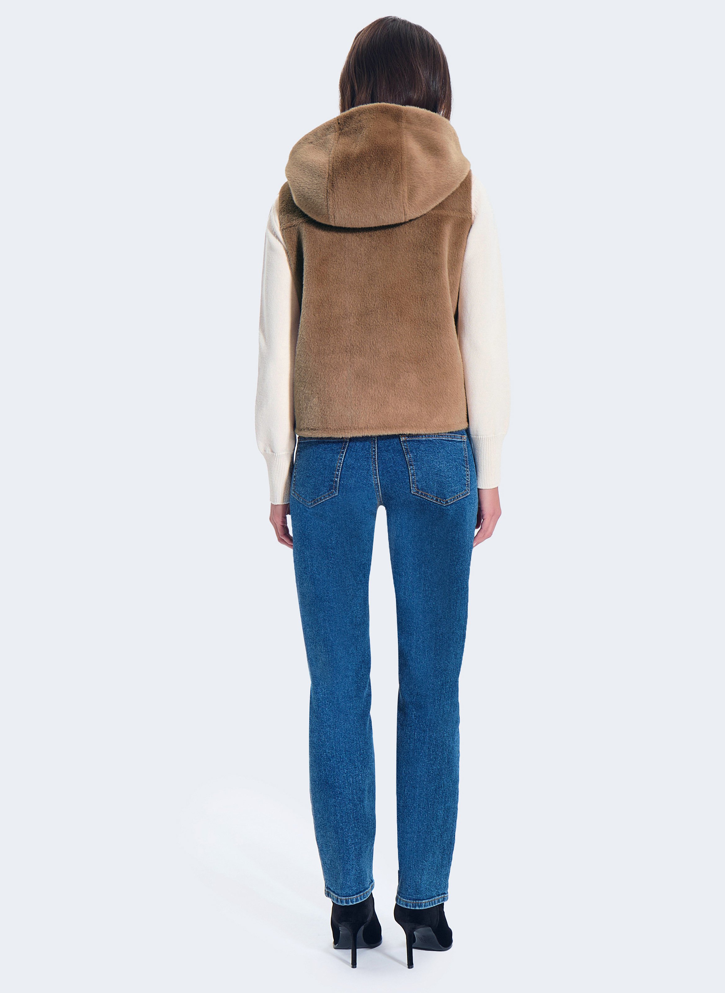 Straight jacket with high collar in faux fur ZAPA Brown