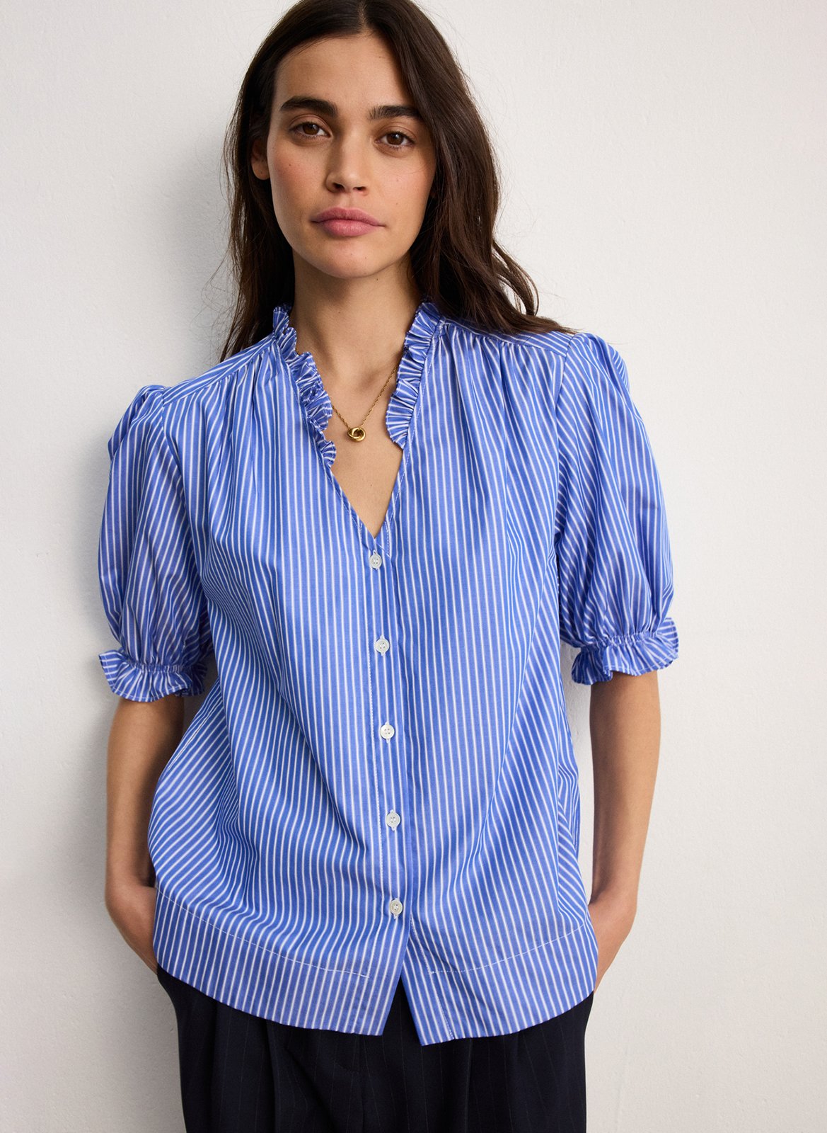 Blouse met V-hals in gestreept katoen PABLO Blauw
