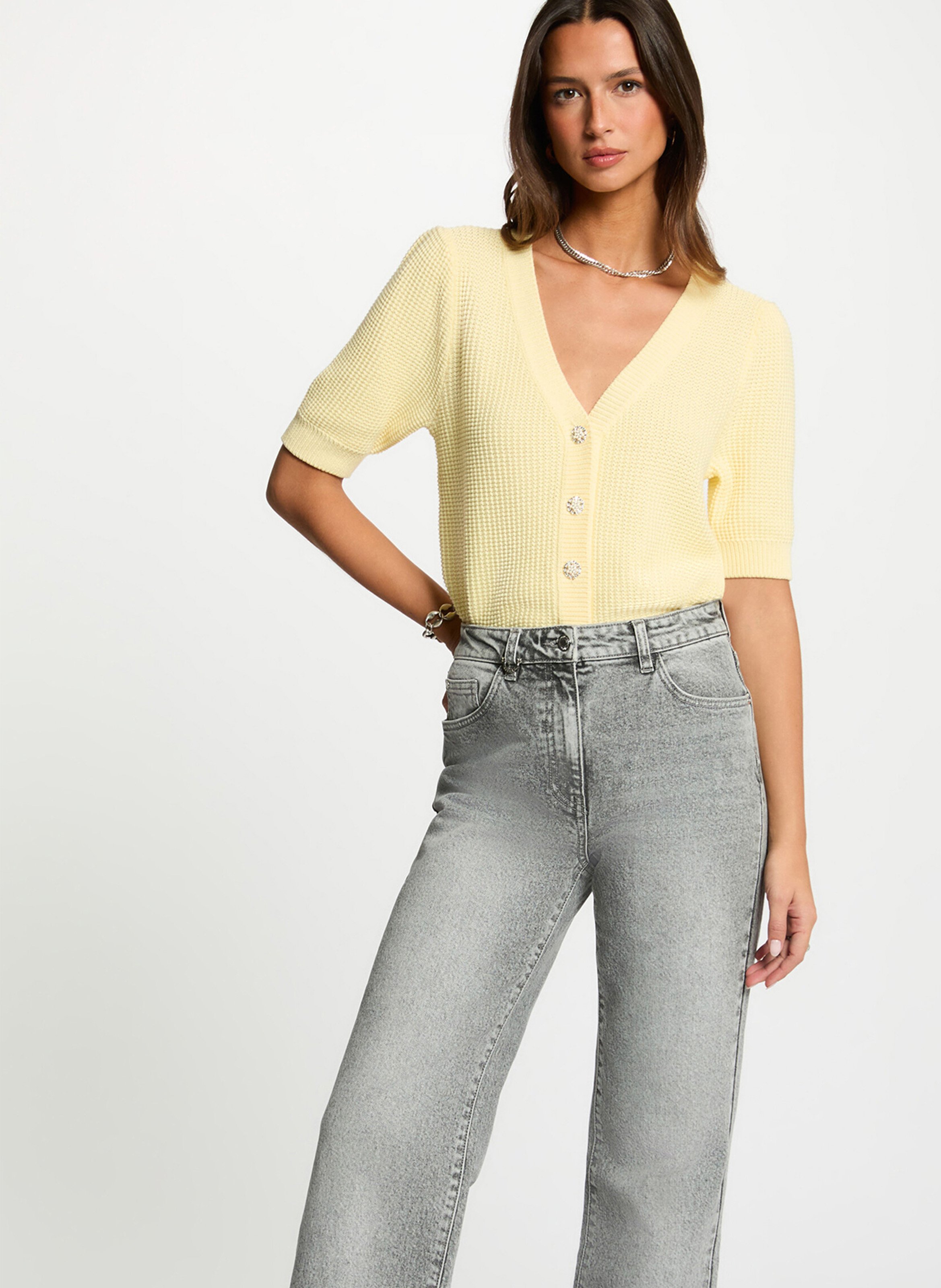 Cardigan met knoopsluiting in geribbelde breistof MORGAN Geel