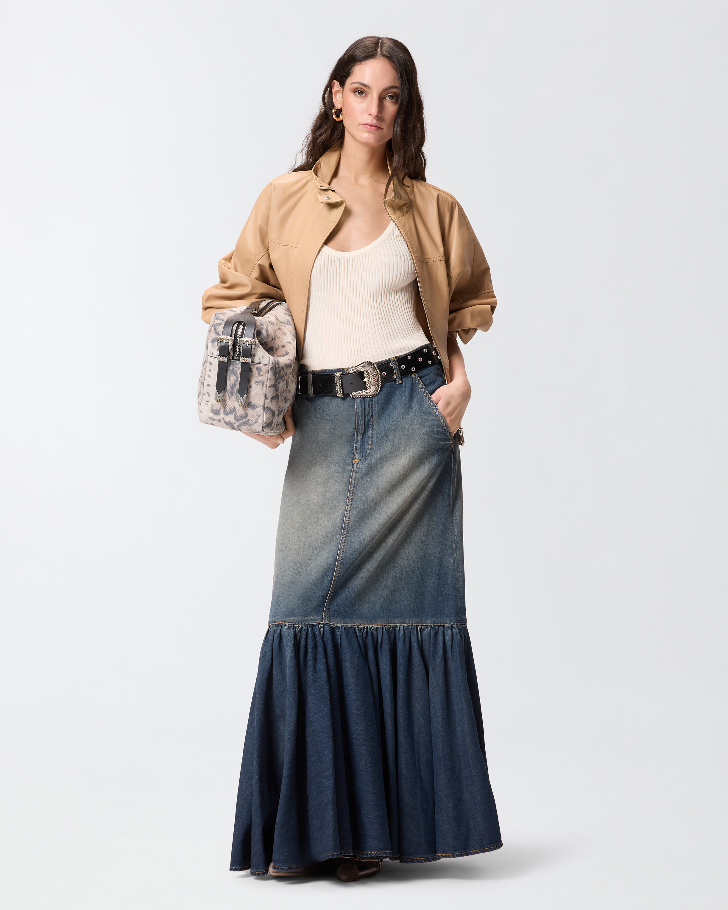 Flounced and belted long denim skirt PINKO Blue