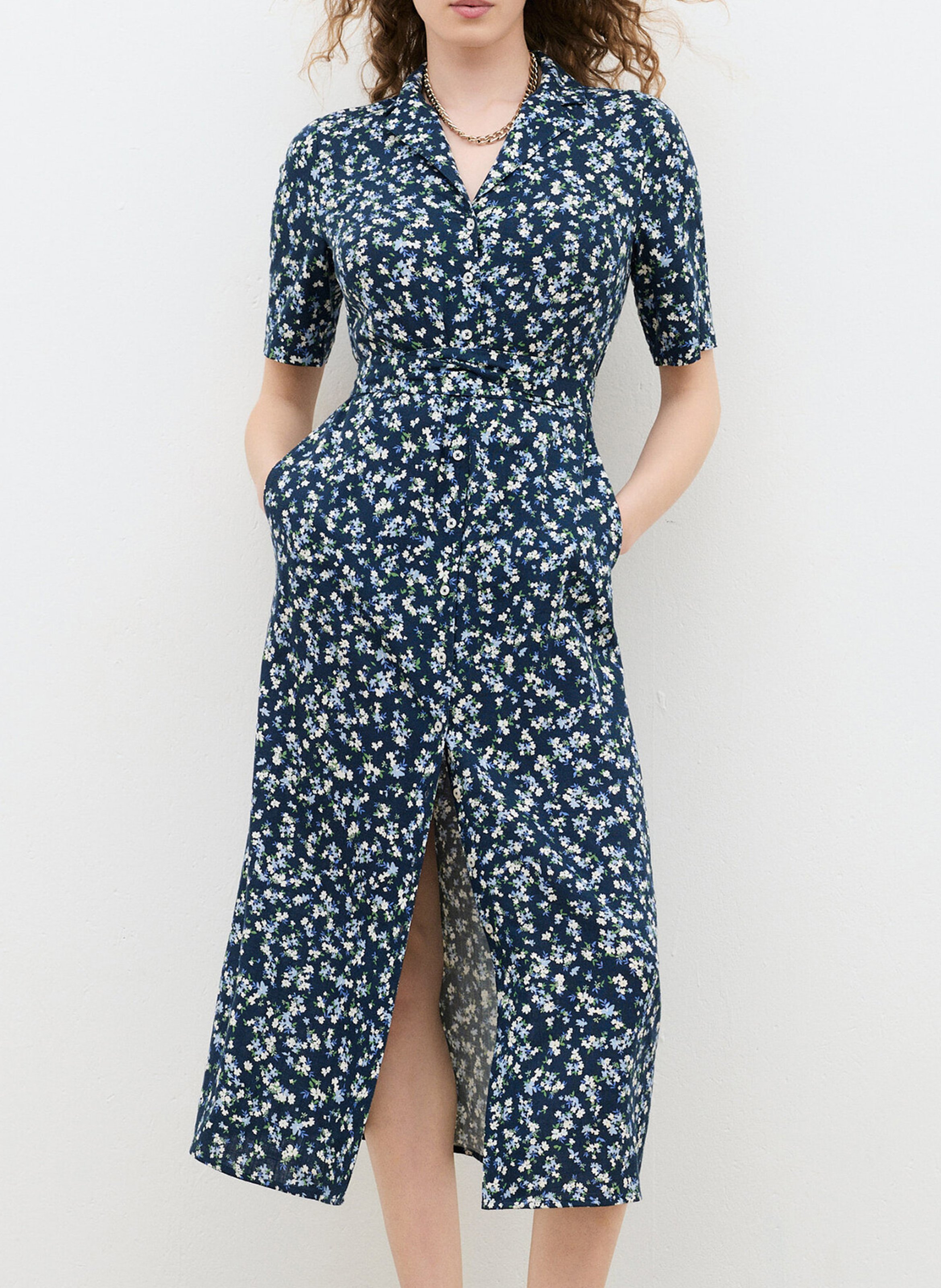 Robe midi ceinturée imprimée CAROLL Bleu
