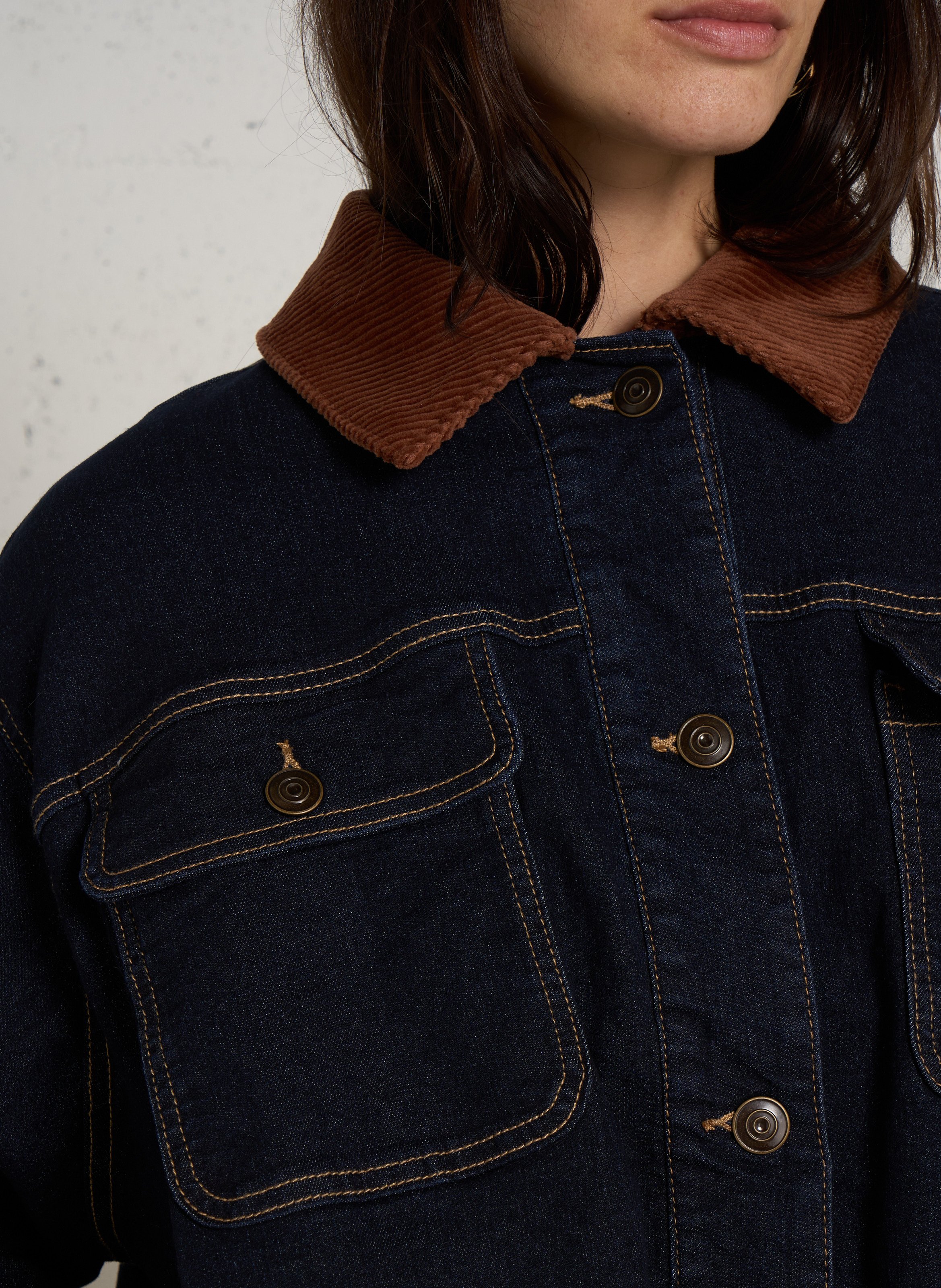 Wijde denim jas met geribbelde kraag van gemengd katoen MAISON 123 Blauw
