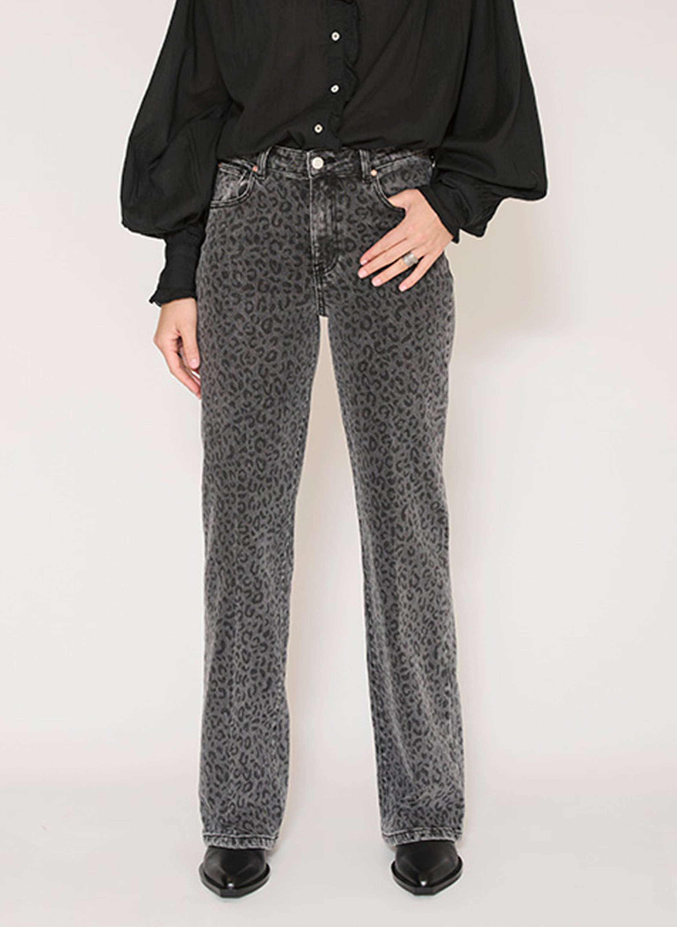 Wijde jeans met dierenprint in katoenmix MKT Grijs