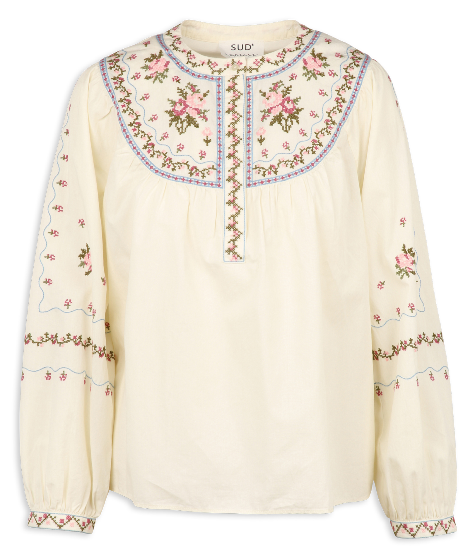 Chemisier ample col rond à broderie fleurie en coton SUD EXPRESS Blanc
