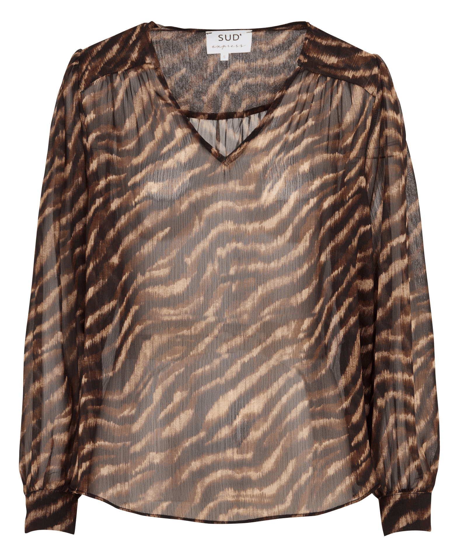 Gerade geschnittene Bluse mit V-Ausschnitt und Print SUD EXPRESS Braun