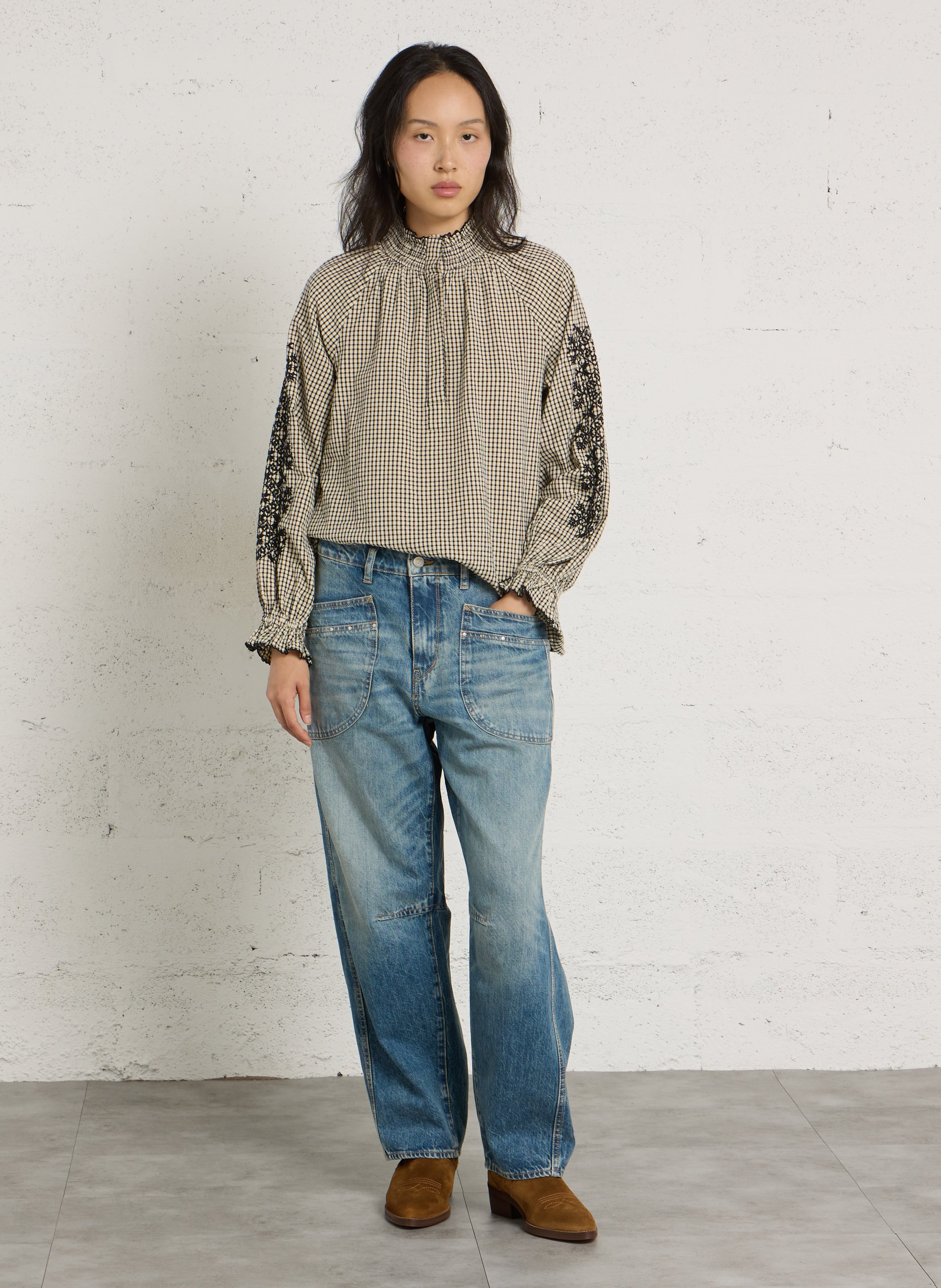 Blouse col montant à carreaux SUD EXPRESS Blanc