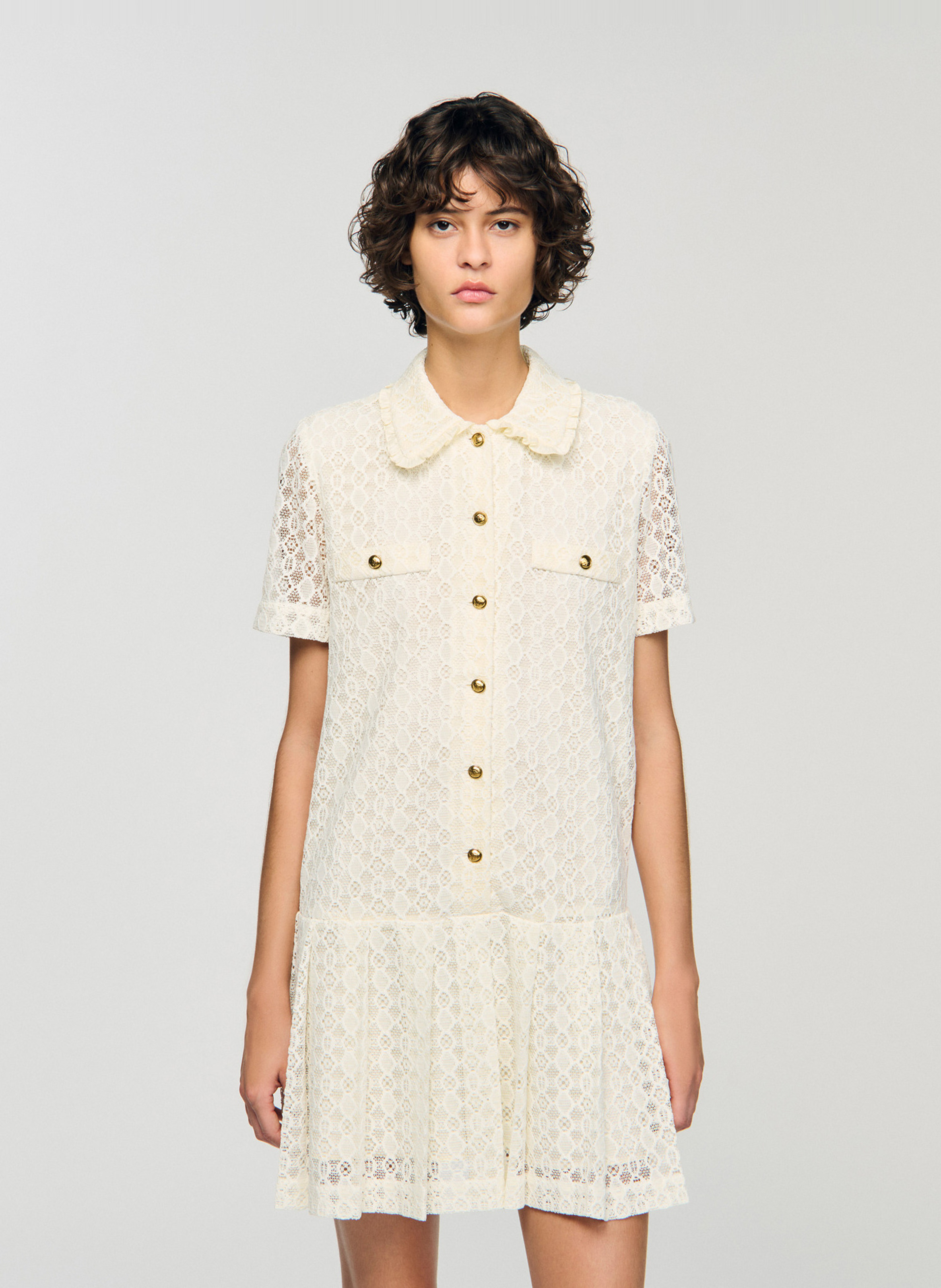 Korte jurk met kraag en kant SANDRO Wit