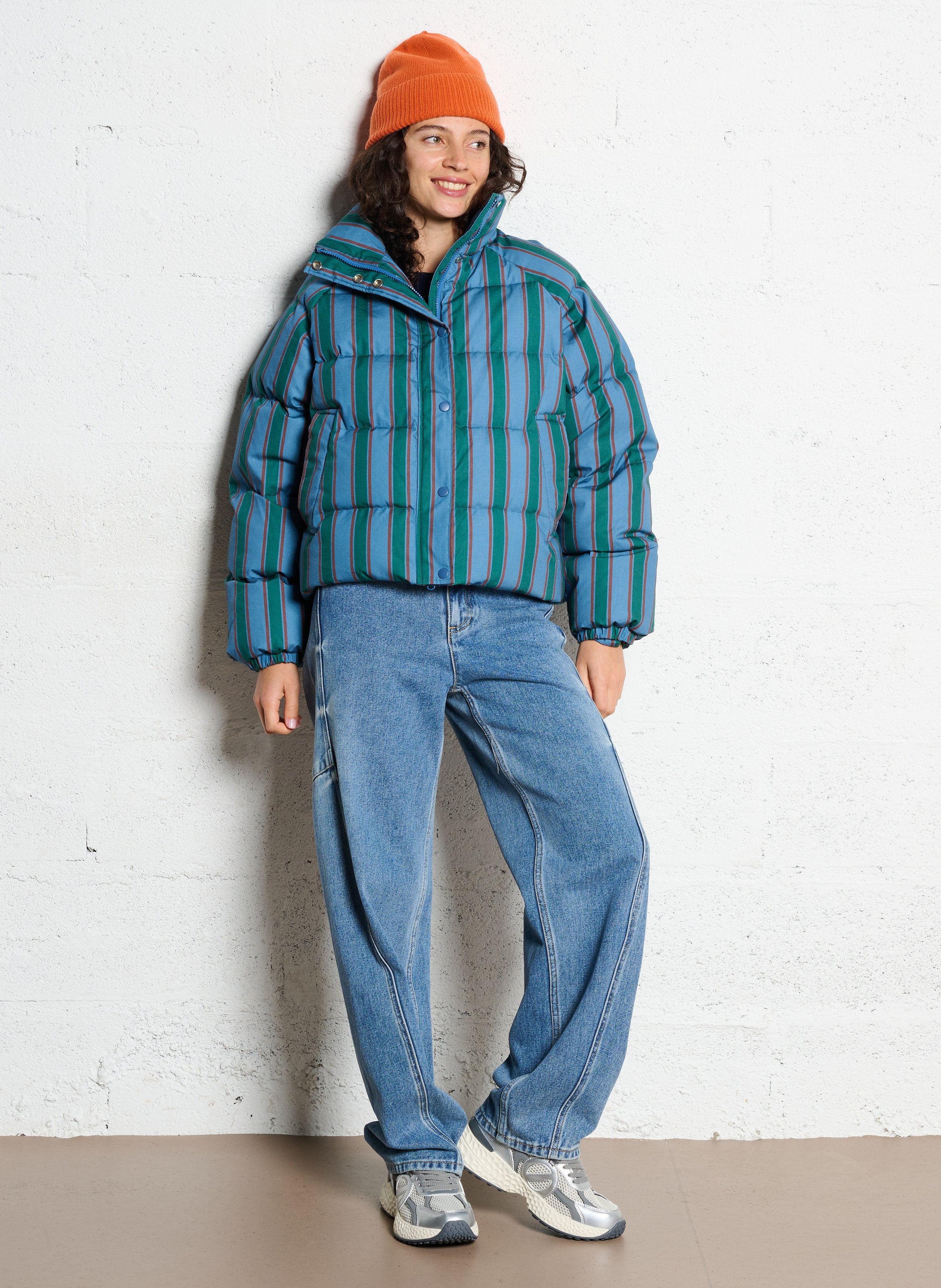 Doudoune oversize col montant en coton rayé THE TINY BIG SISTER Beige