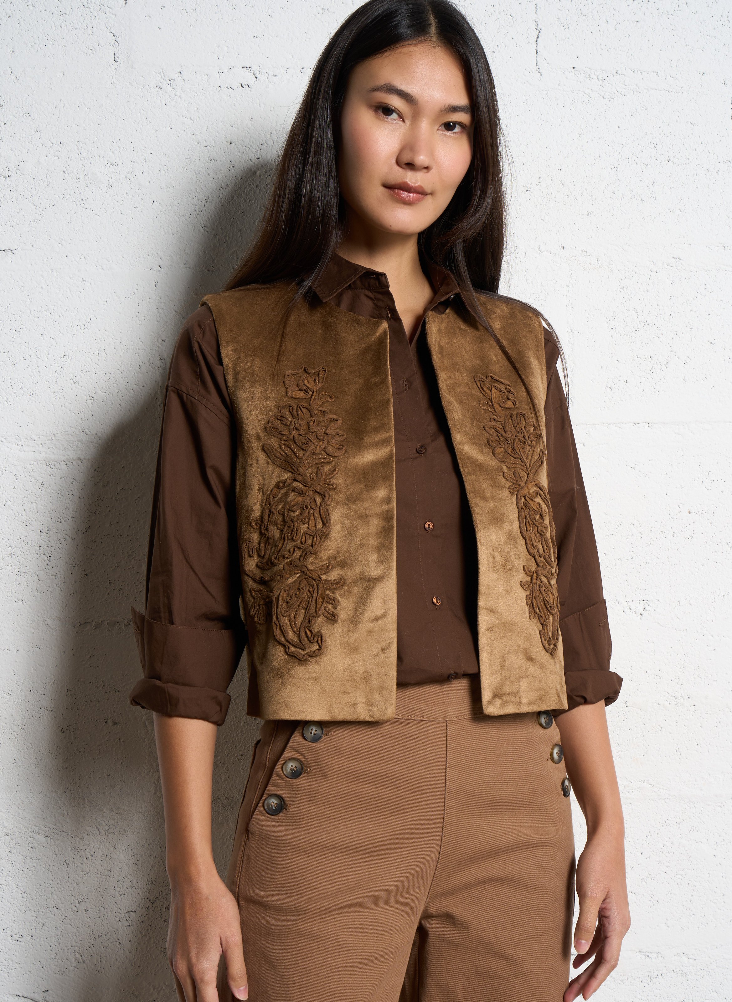 Gilet droit col rond effet cuir velours SUD EXPRESS Marron