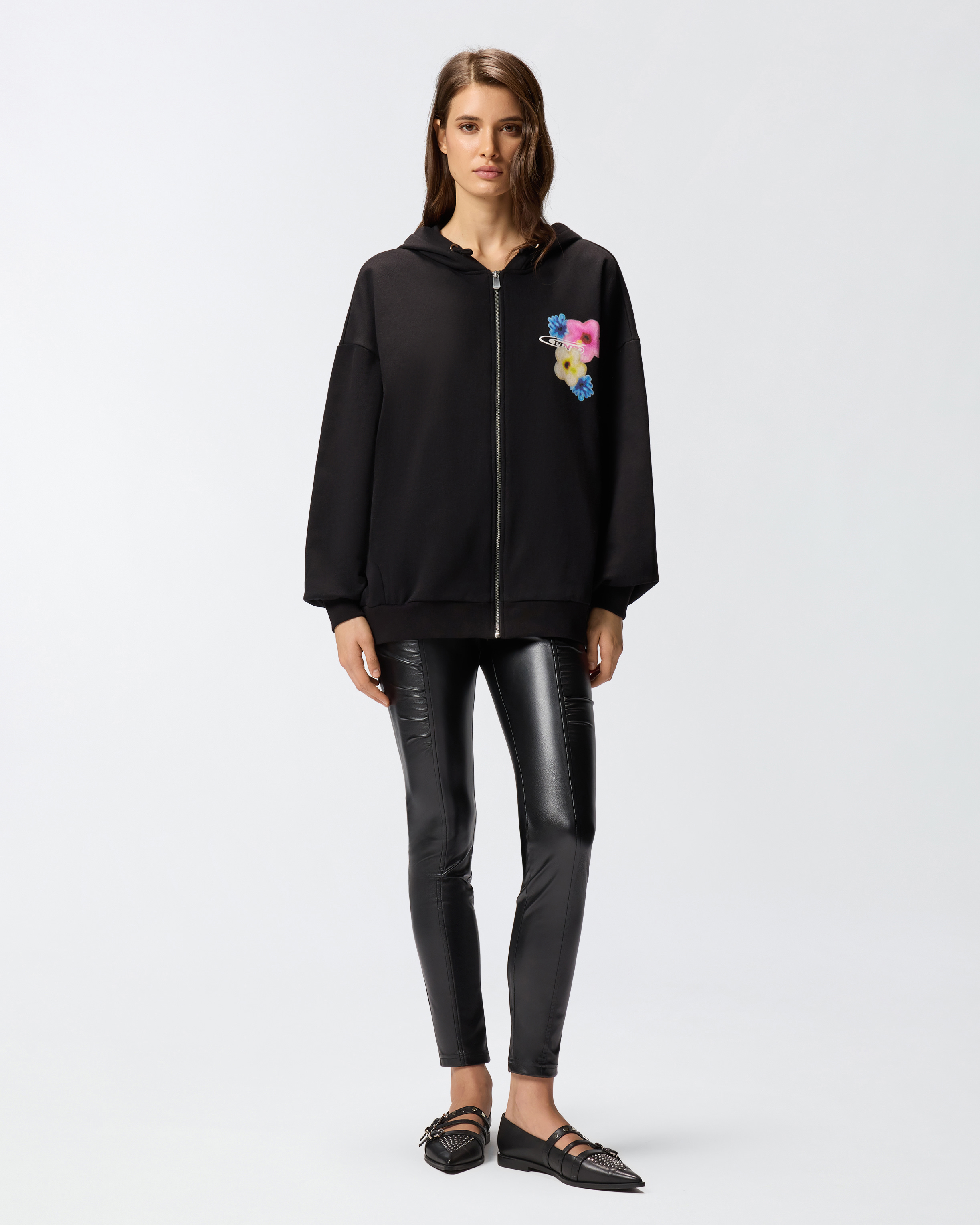 Hooded sweatshirt with floral print PINKO Black