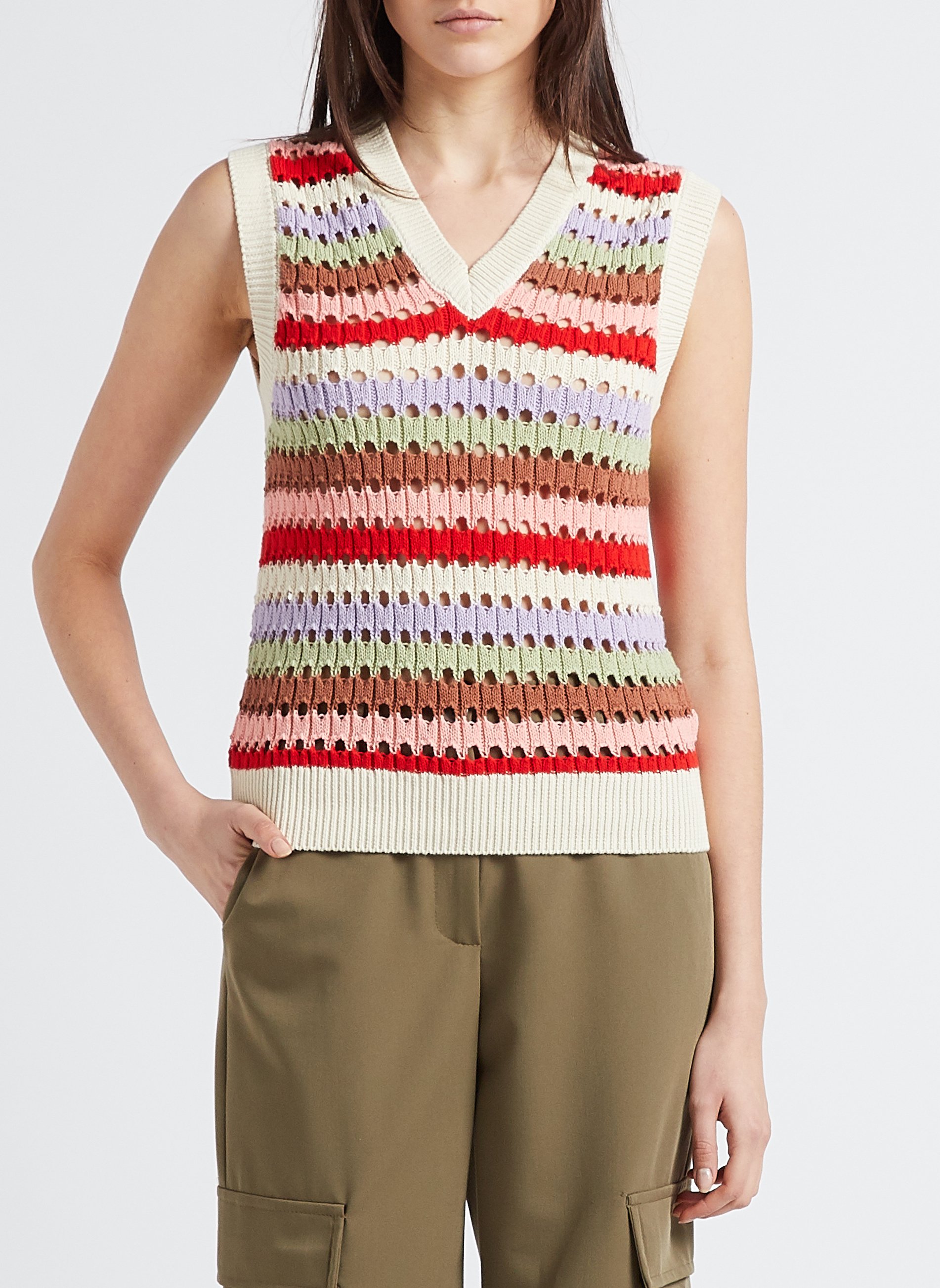 Pull col V rayé en coton LA PETITE FRANCAISE Beige