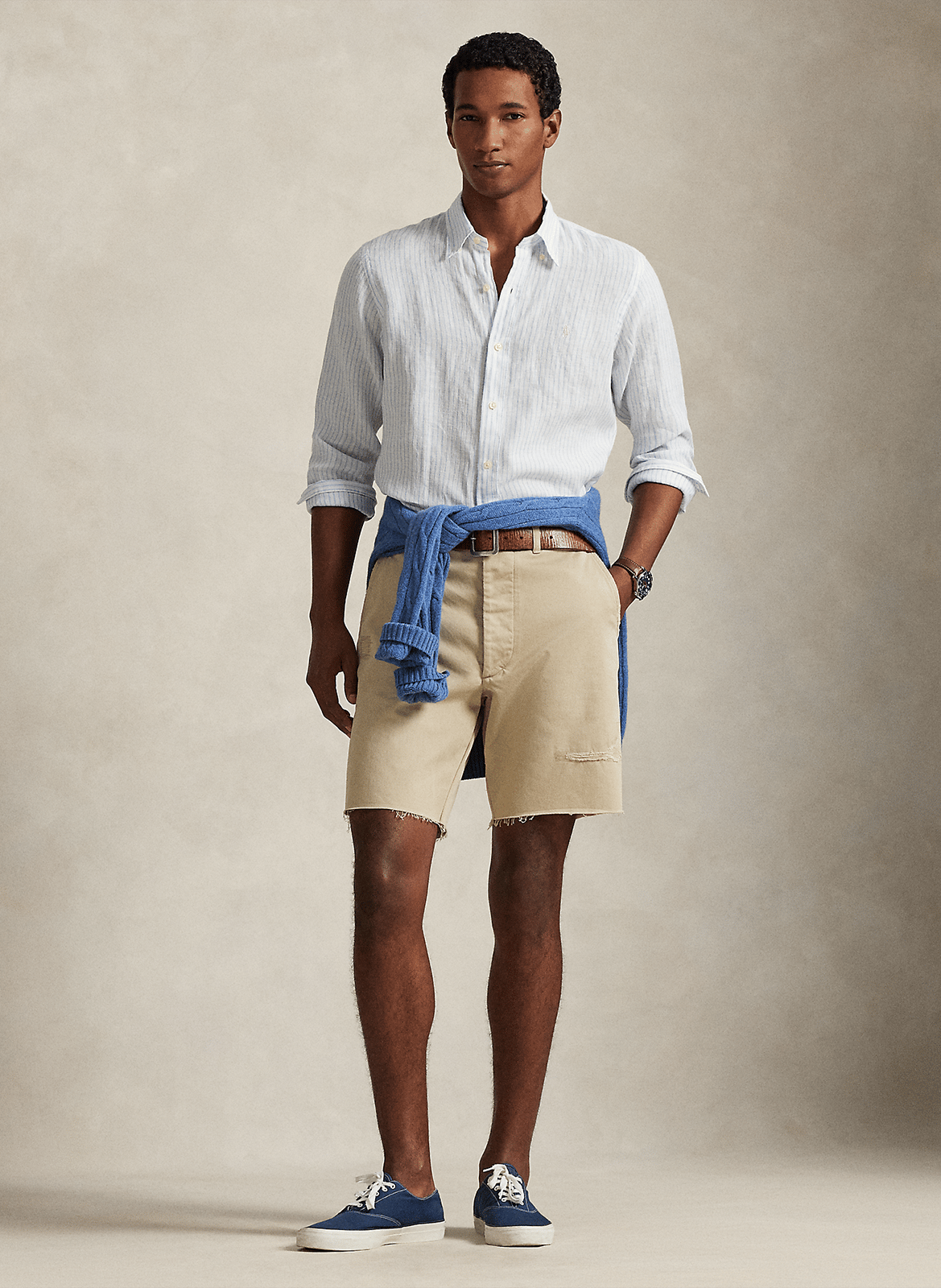 Camisa recta cuello clásico de lino a rayas POLO RALPH LAUREN Blanco