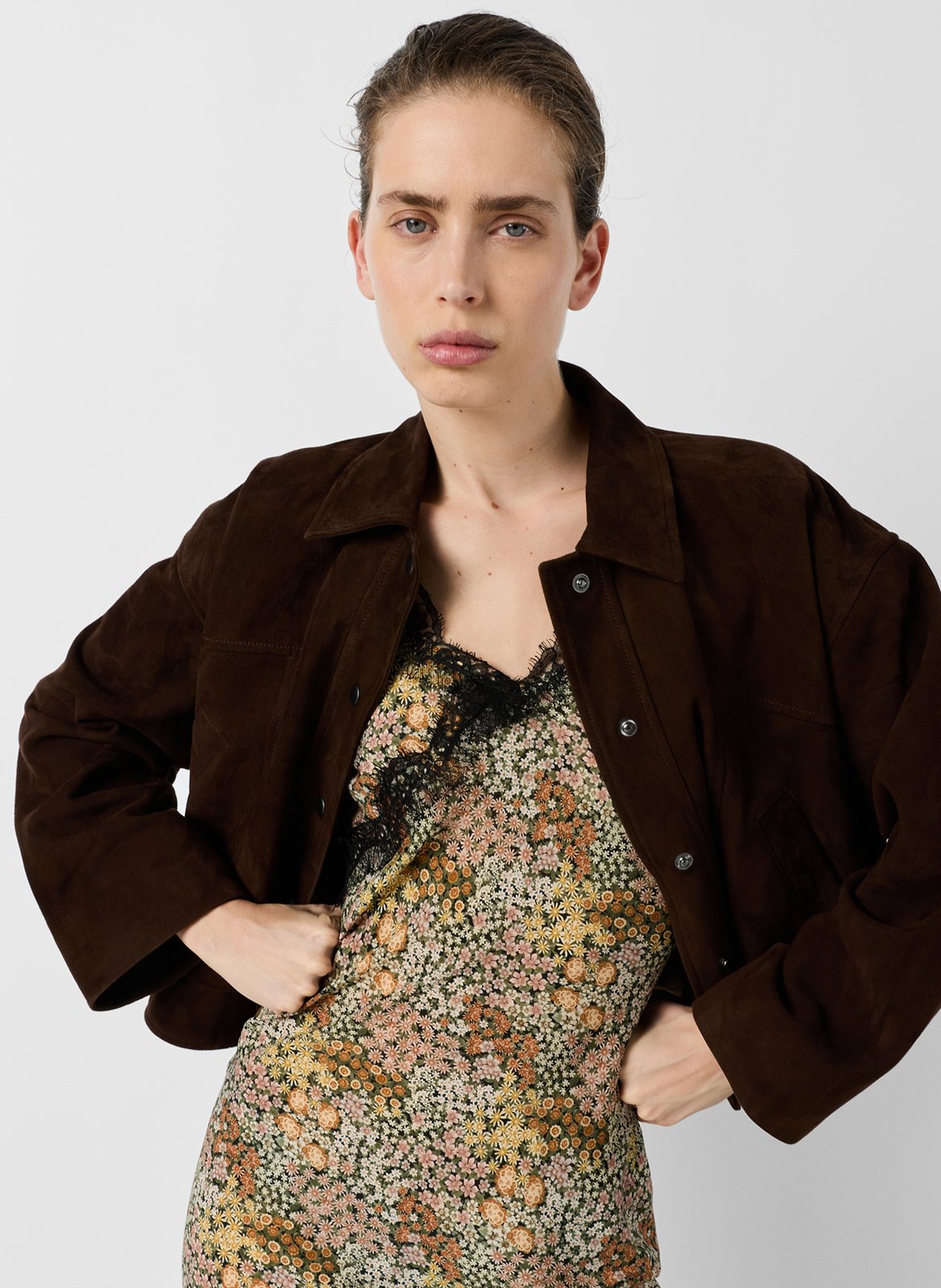 Straight jacket with classic collar in suede leather GERARD DAREL Brown