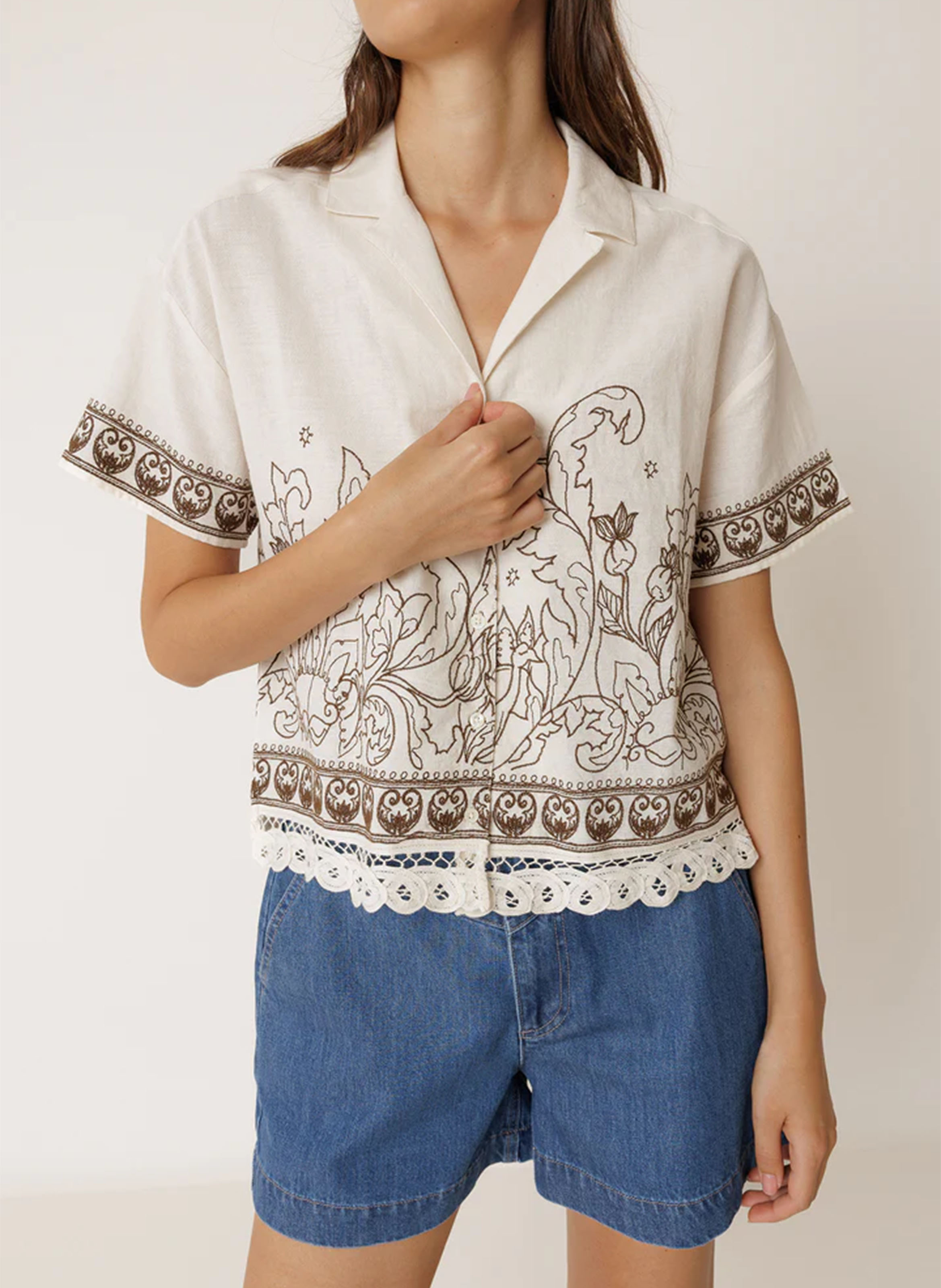 Overhemd met omgeslagen kraag van gemengd katoen Beige