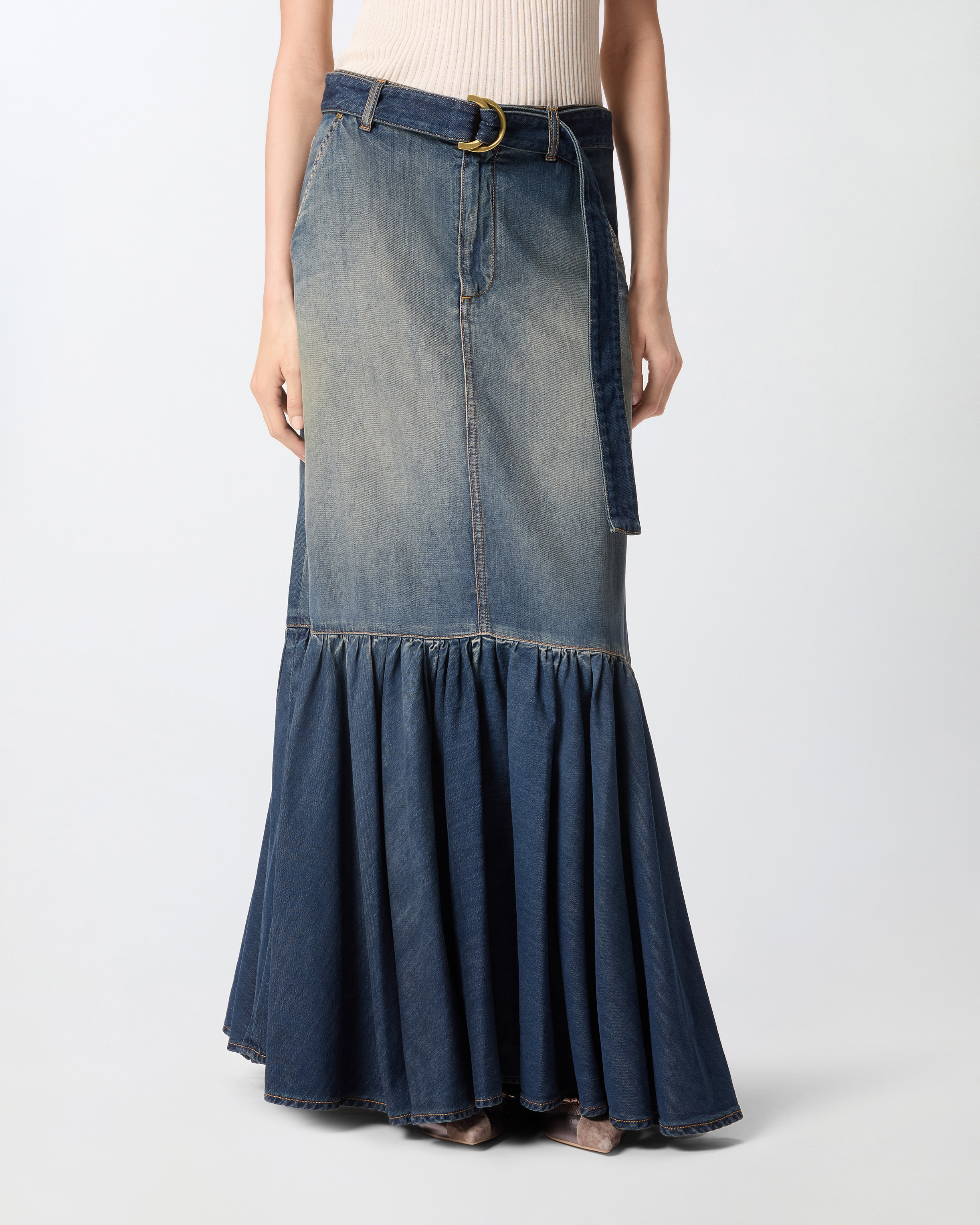 Flounced and belted long denim skirt PINKO Blue