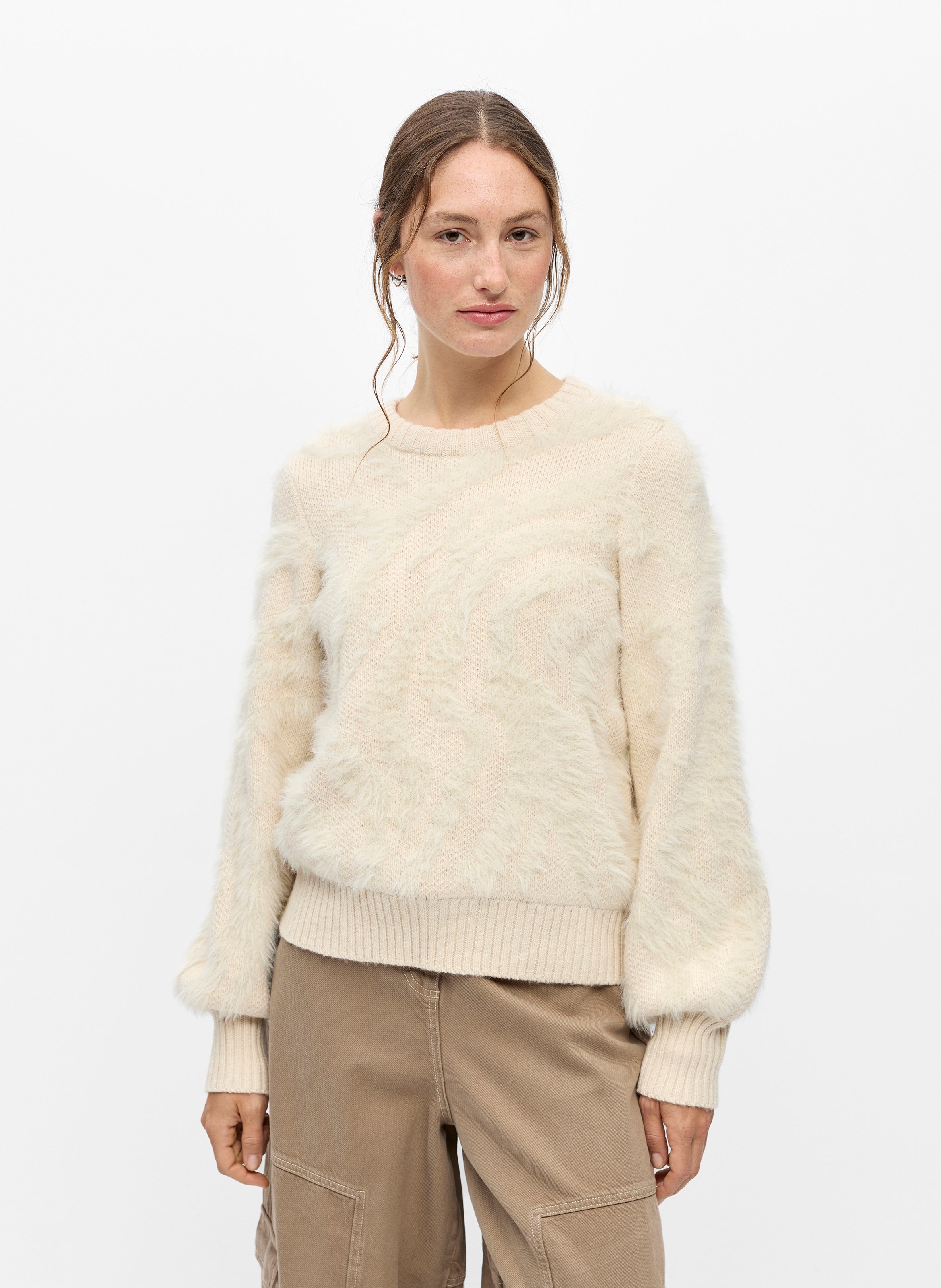 Gerader Pullover mit Rundhalsausschnitt aus Kunstpelz OBJECT Beige