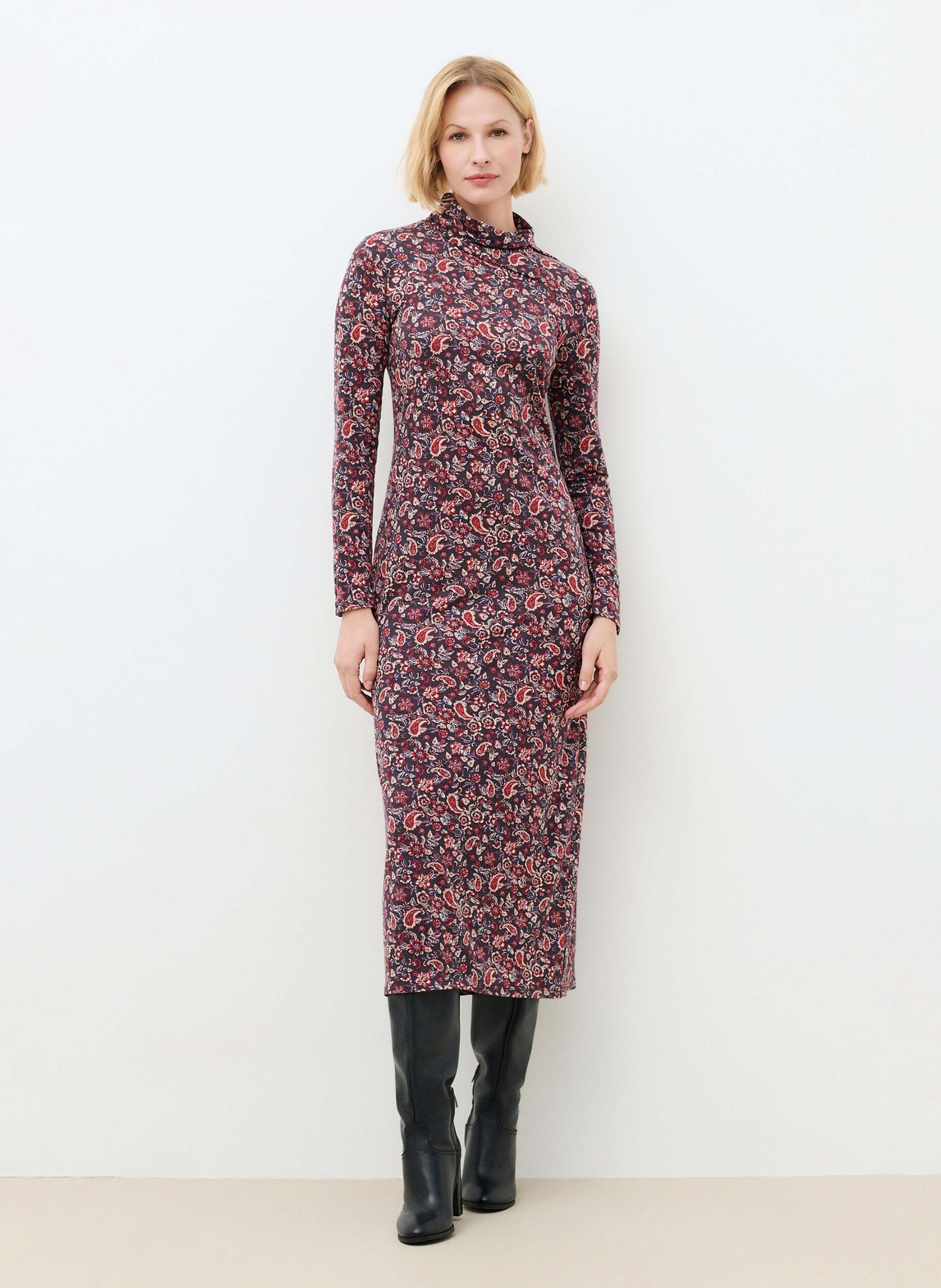 Robe midi col montant imprimé CAROLL Rouge