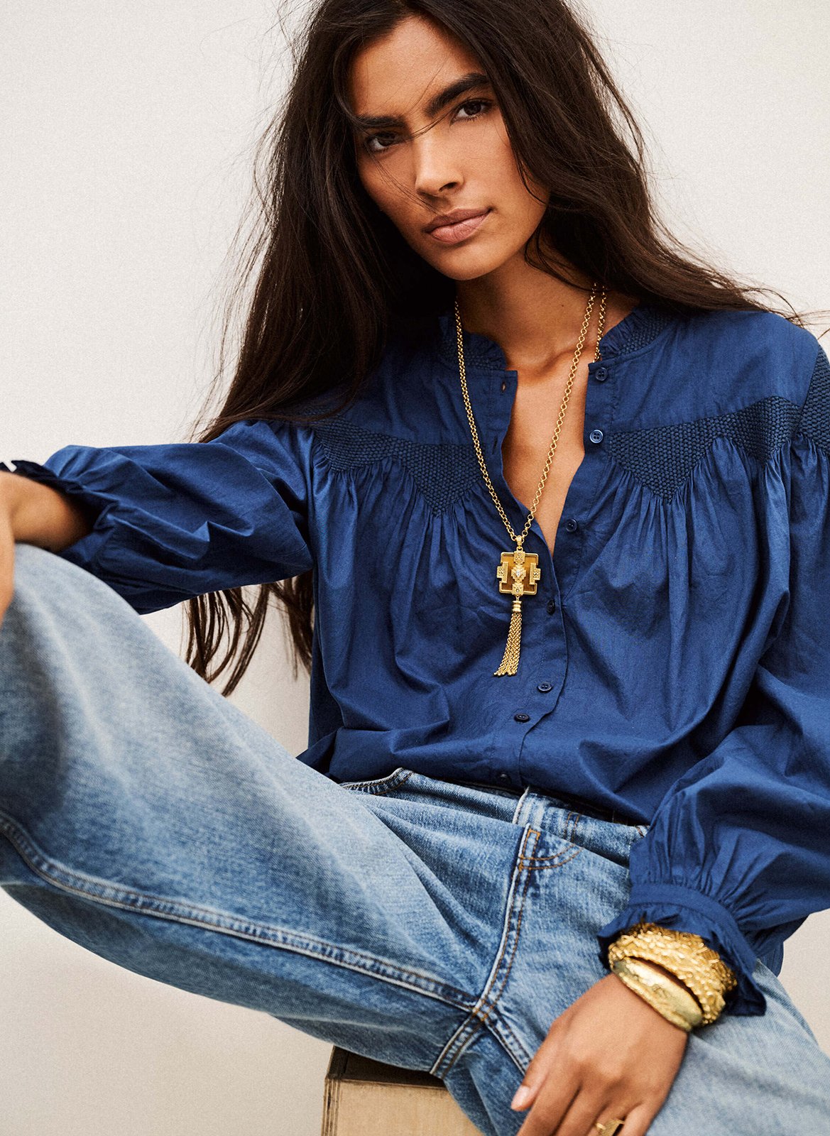 Chemise ample à broderie en coton | Bleu BA&SH Femme