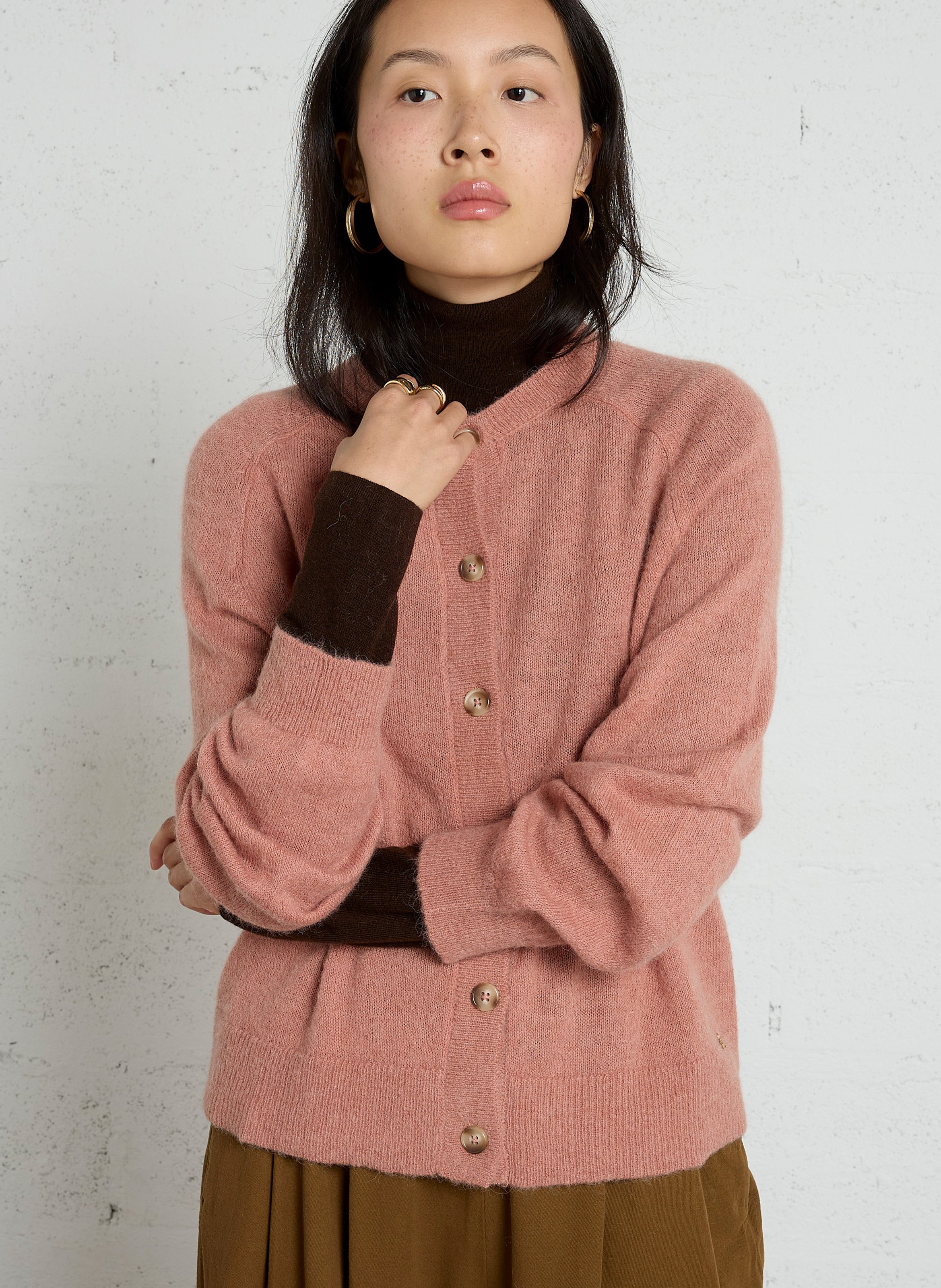 Straight crew-neck cardigan in baby alpaca and silk DES PETITS HAUTS Pink