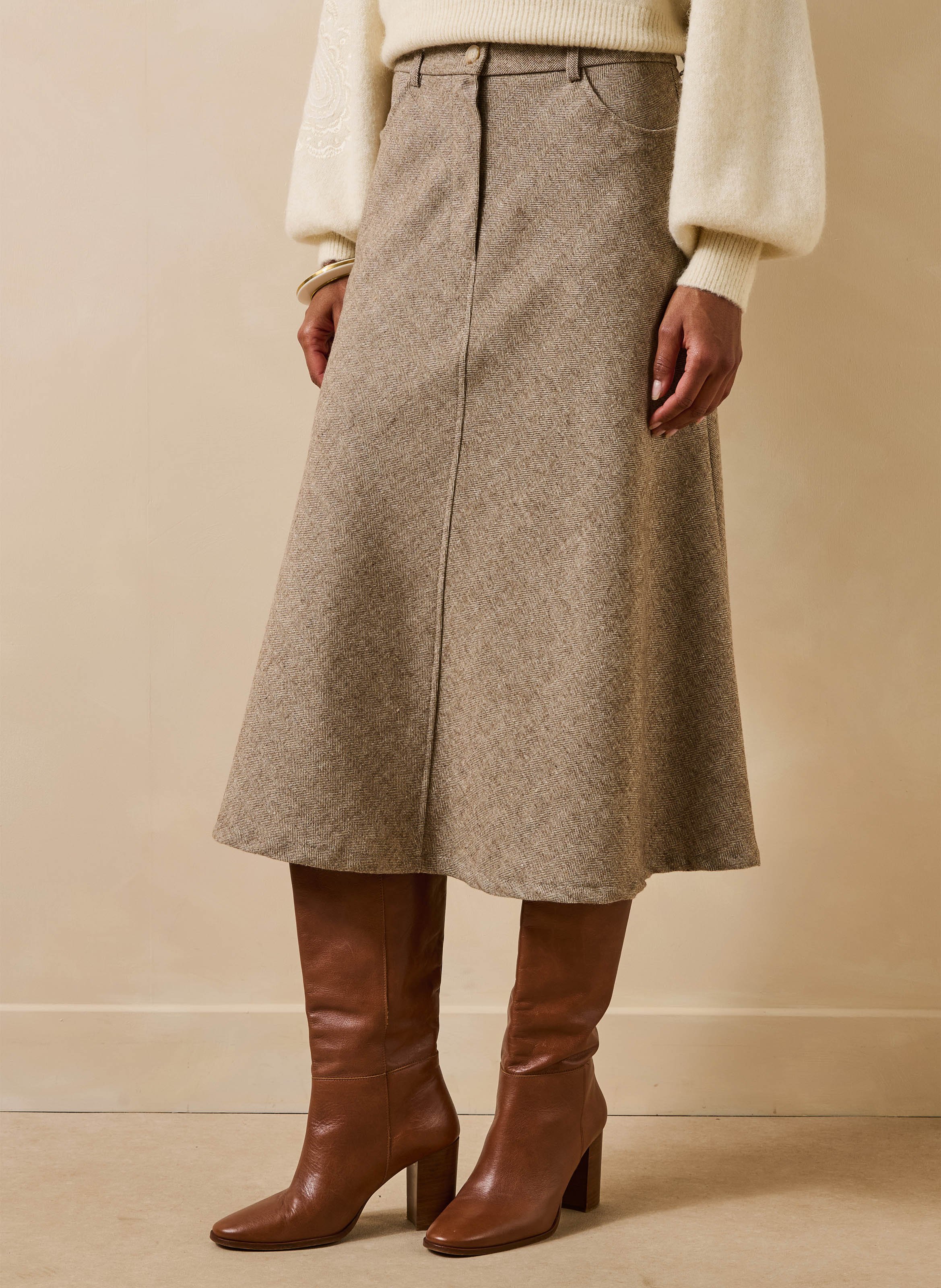Jupe midi forme trapèze en tweed LA FEE MARABOUTEE Beige