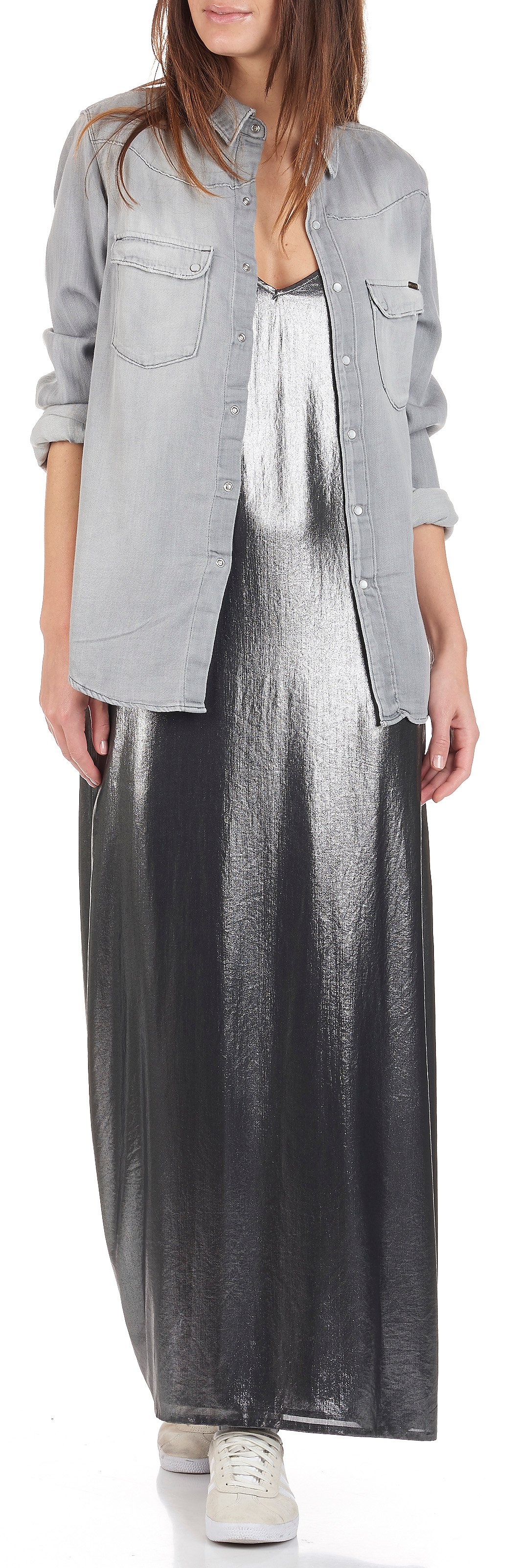 Robe longue fluide en lamé Qarelli SWILDENS Argent