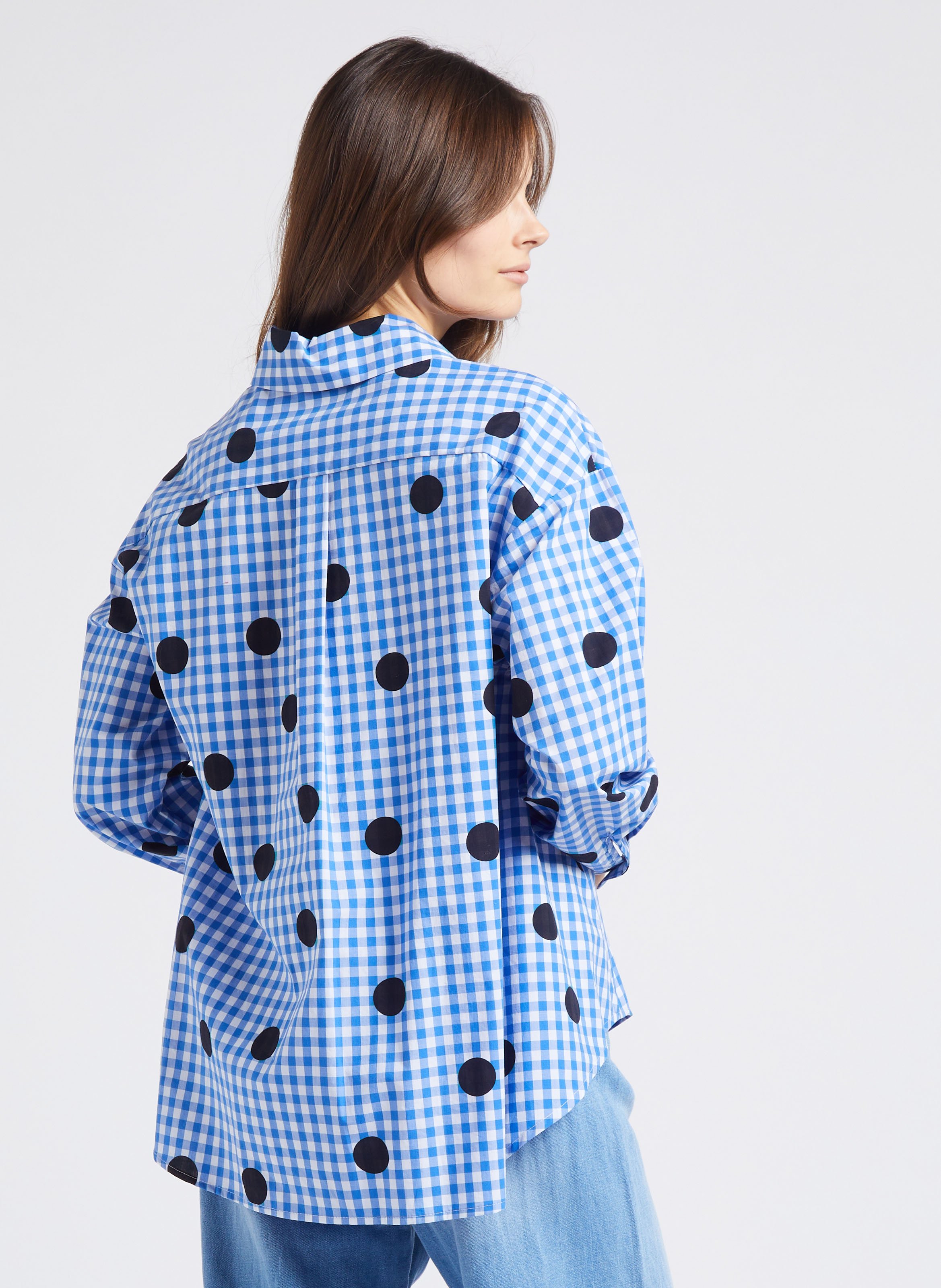 Straight-cut spotted and checked cotton shirt PLEASE Blue