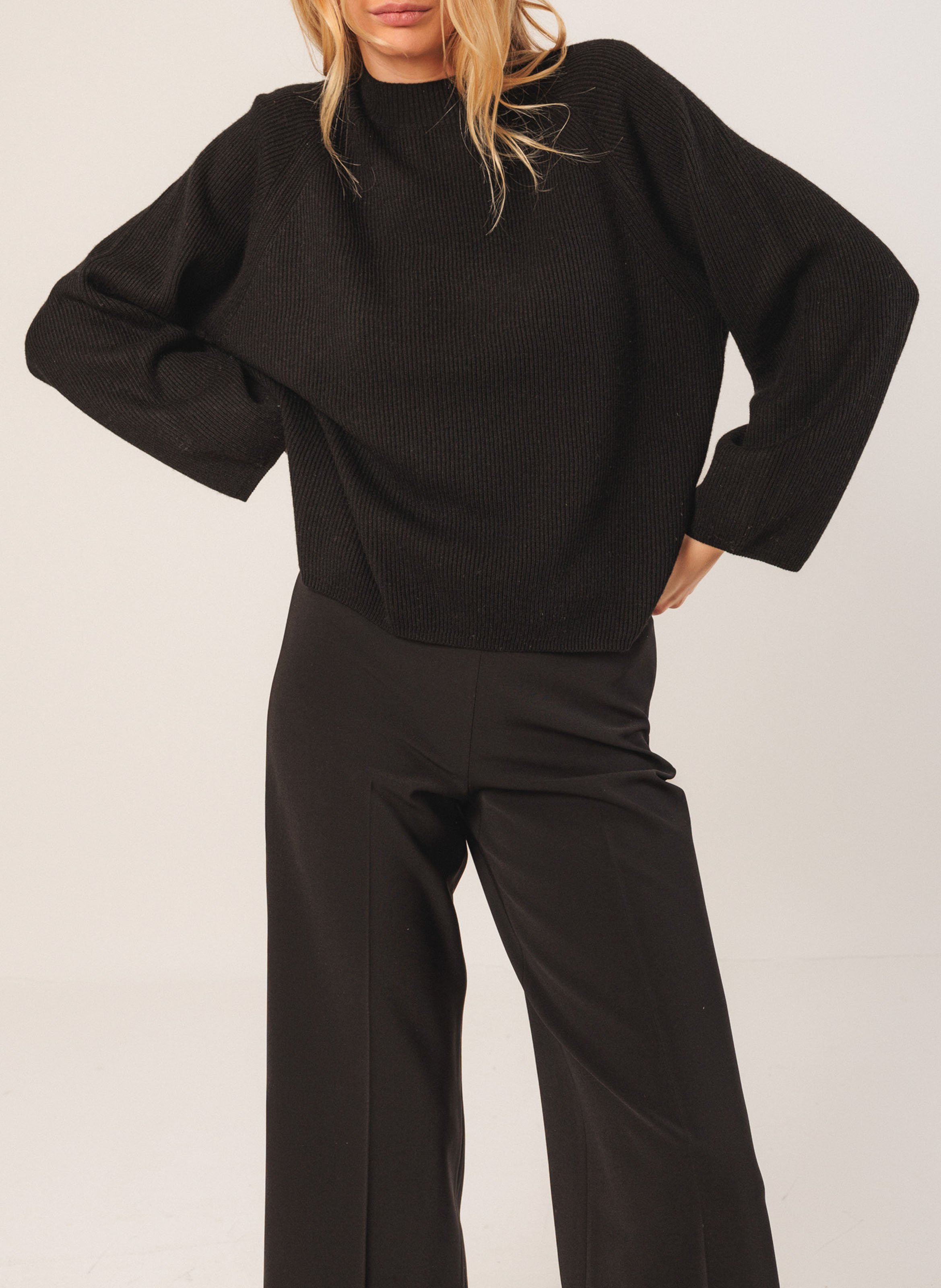 Pull col rond en laine mélangée INDI & COLD Noir