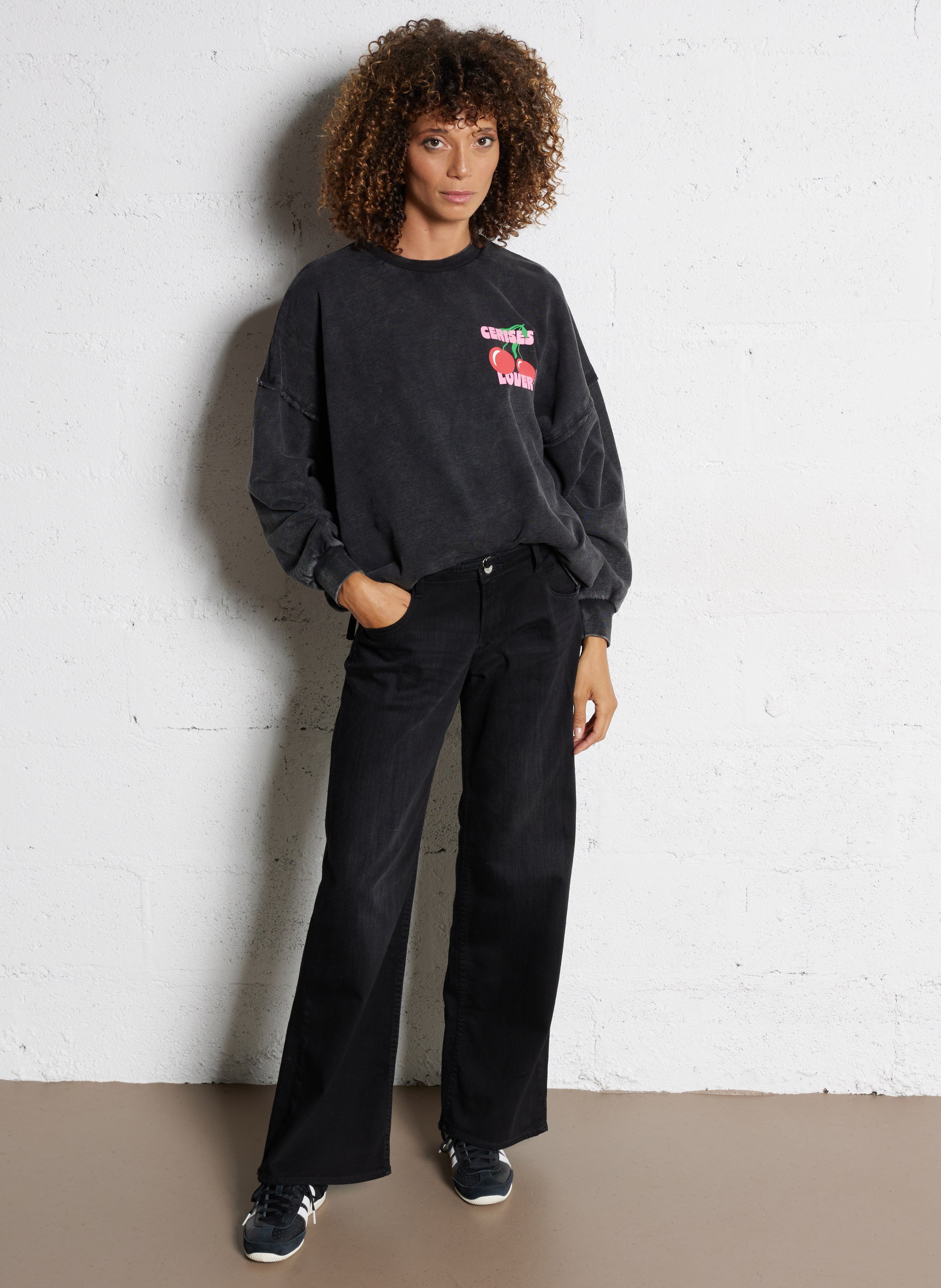 Jean évasé en coton mélangé LE TEMPS DES CERISES Noir