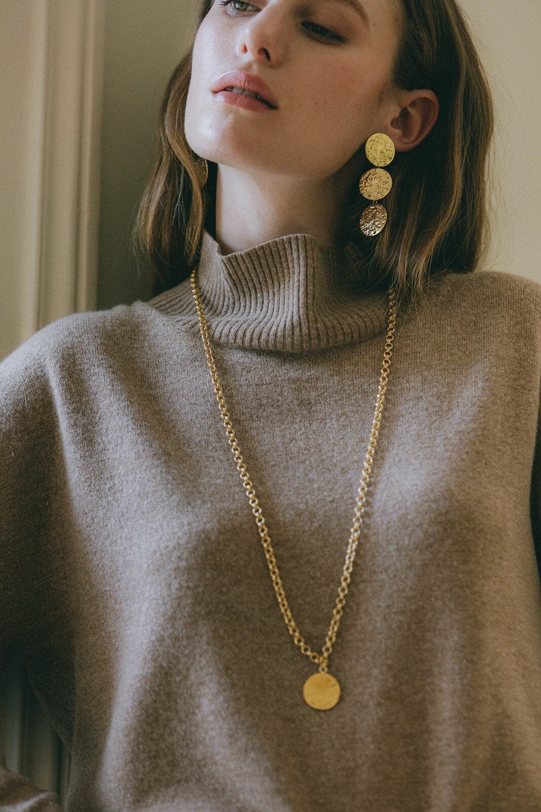 Maxi hammered gold-plated round stud drop earrings MONSIEUR SIMONE Golden