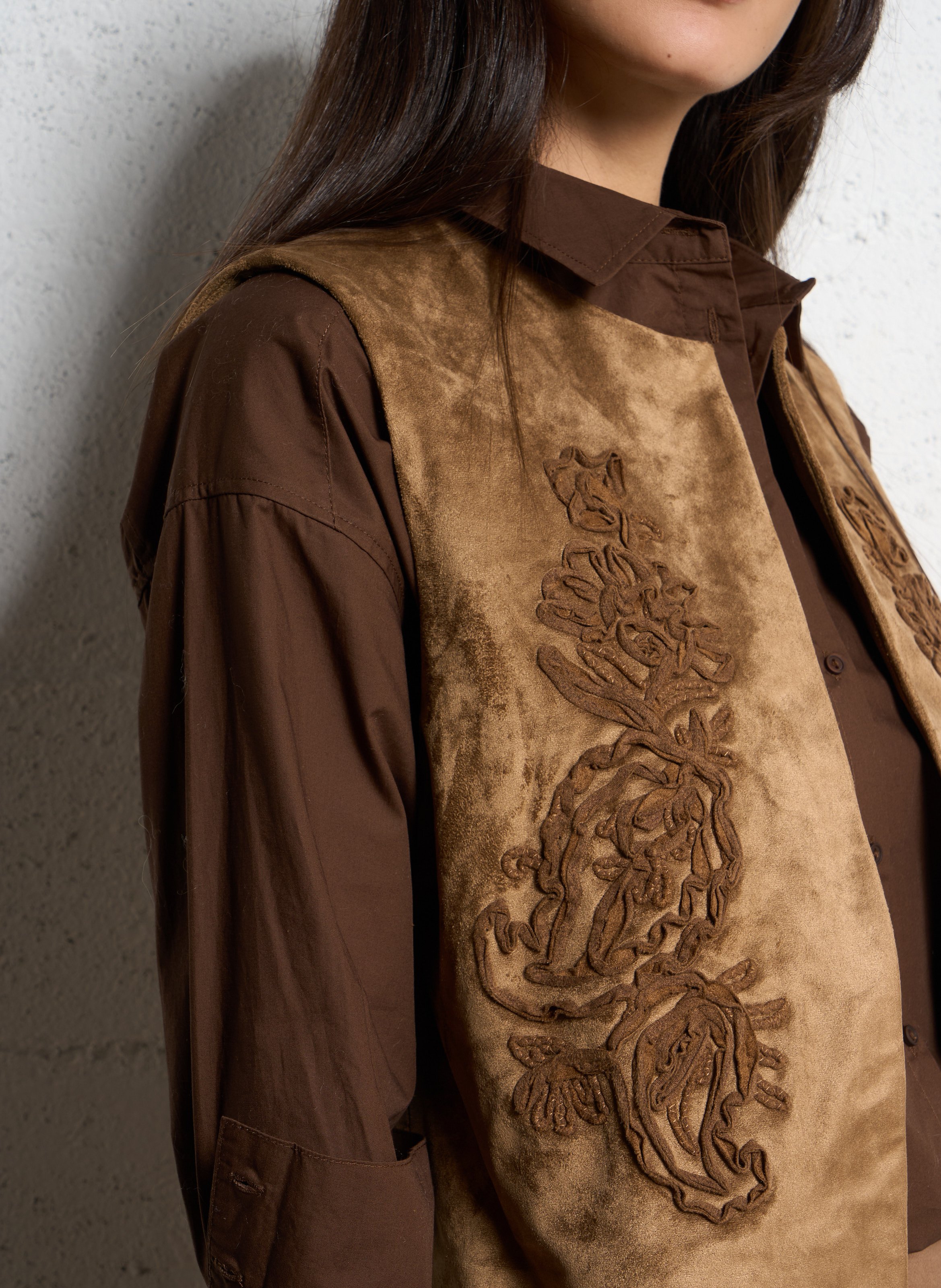 Gilet droit col rond effet cuir velours SUD EXPRESS Marron