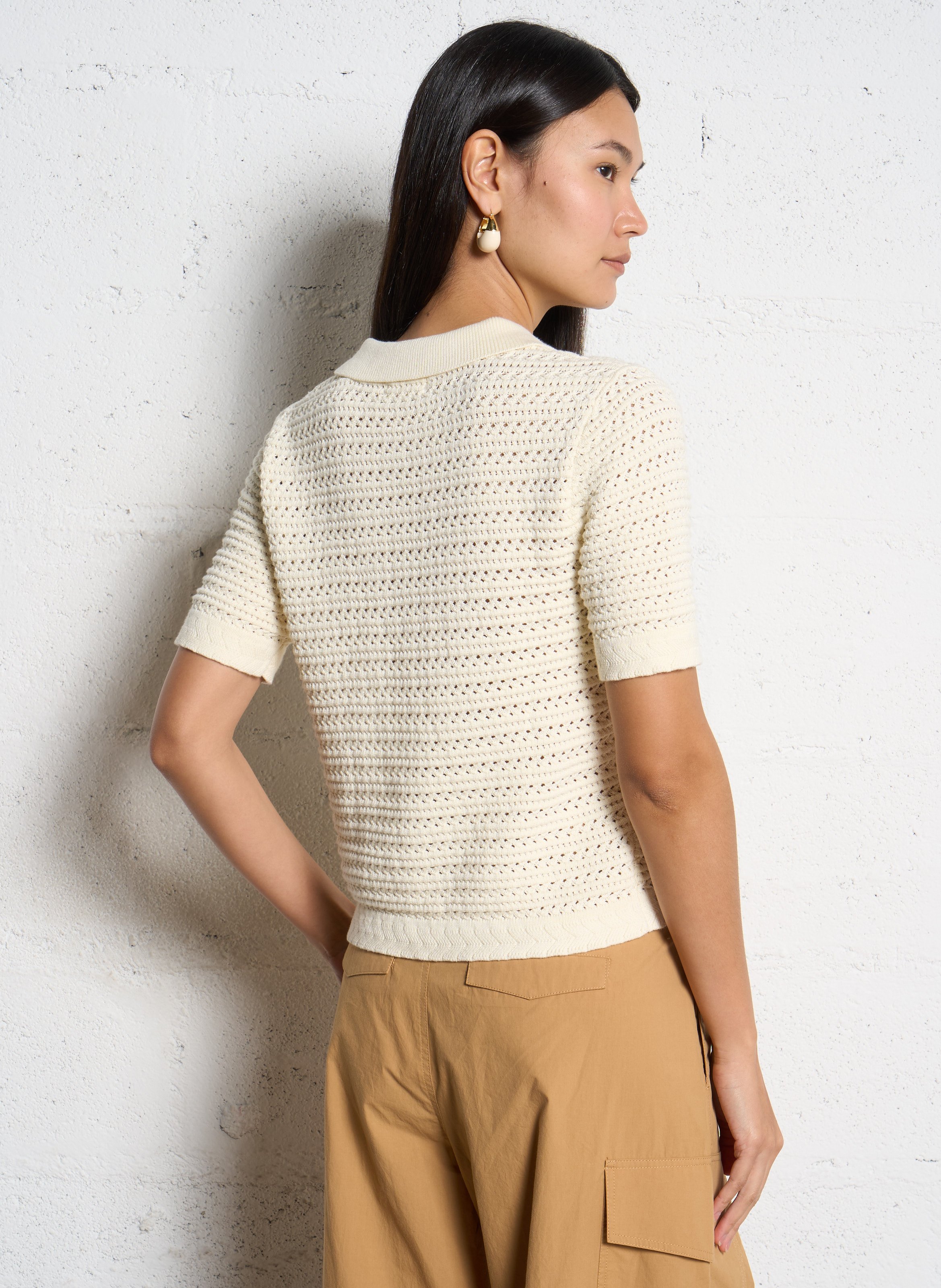 Pull col polo en crochet uni SUNCOO Blanc